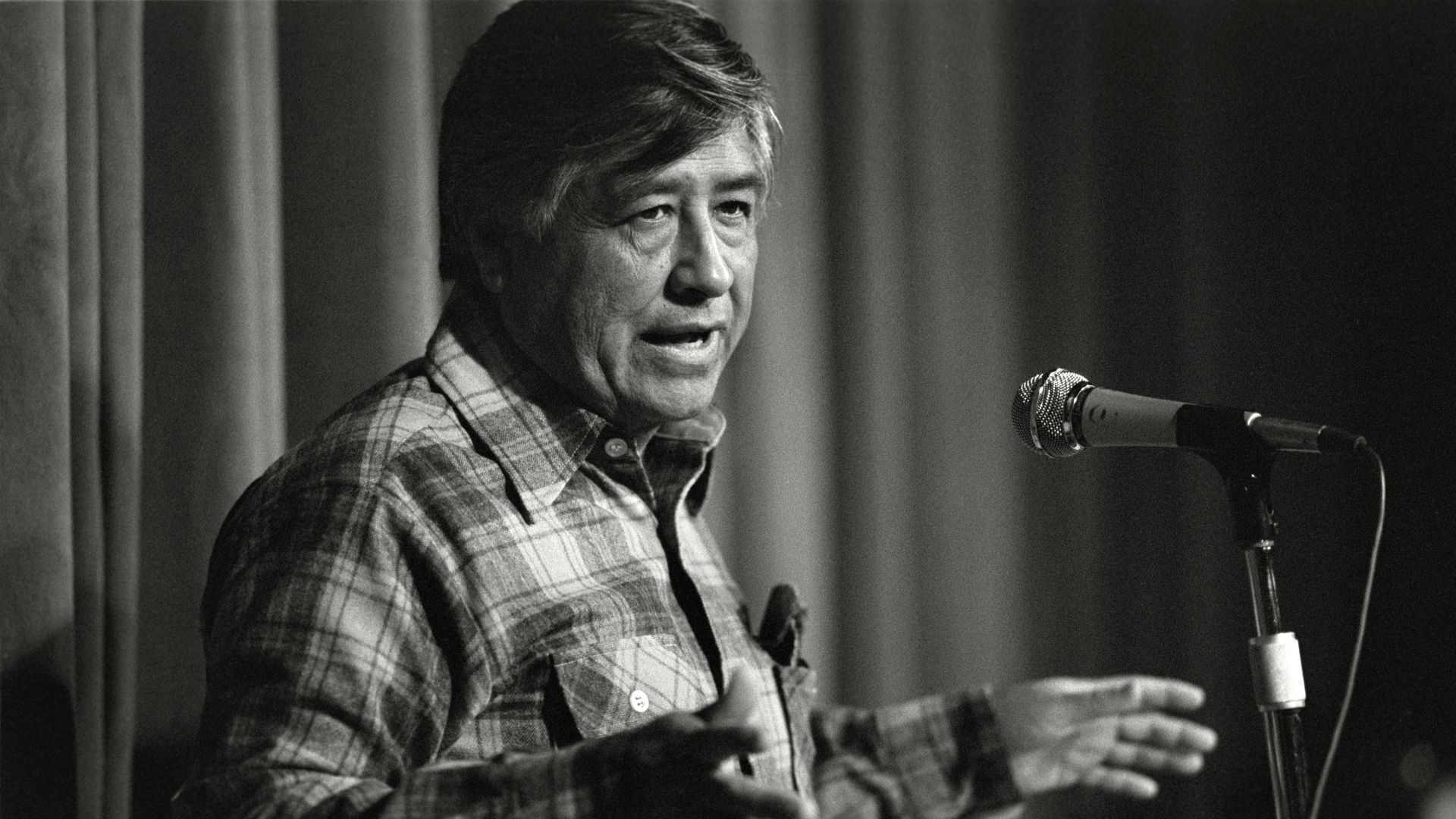 Black-and-white photo of an older man in a plaid shirt giving a talk on stage, hands gesturing toward a microphone on a stand, with curtains in the background.