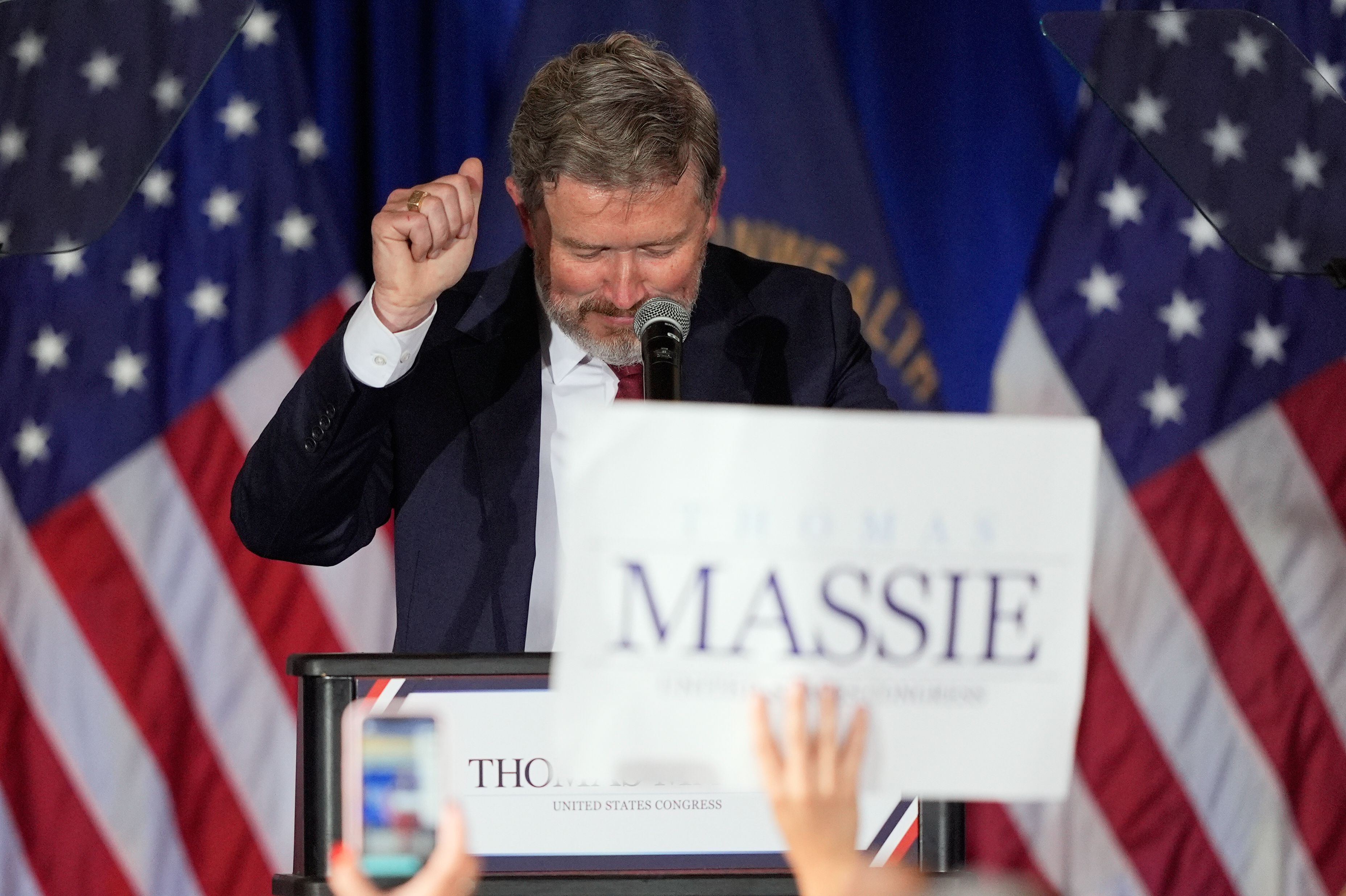Rep. Thomas Massie (R-Ky.) speaks after conceding at an election night watch party in Hebron, Ky.