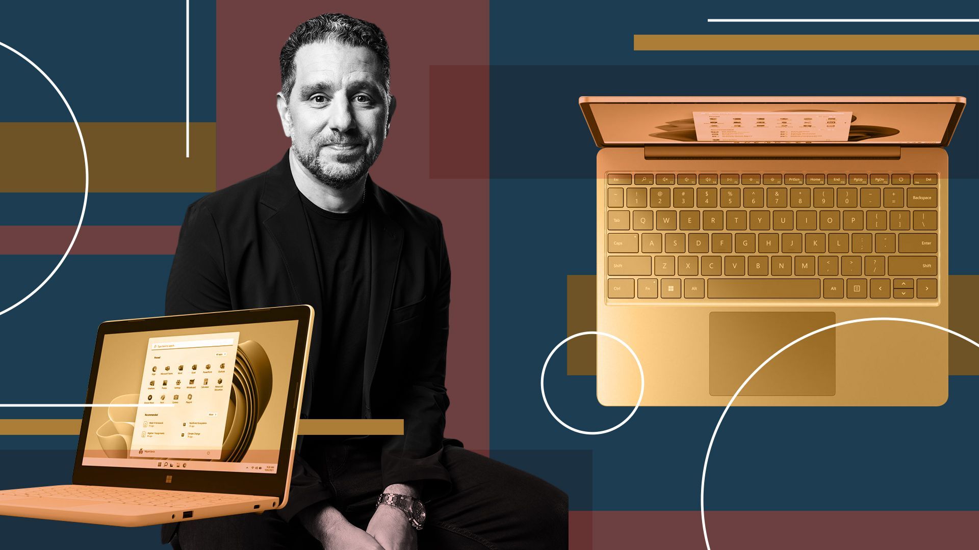 Photo illustration of Panos Panay, Microsoft’s head of Windows, with abstract shapes and Surface PCs.