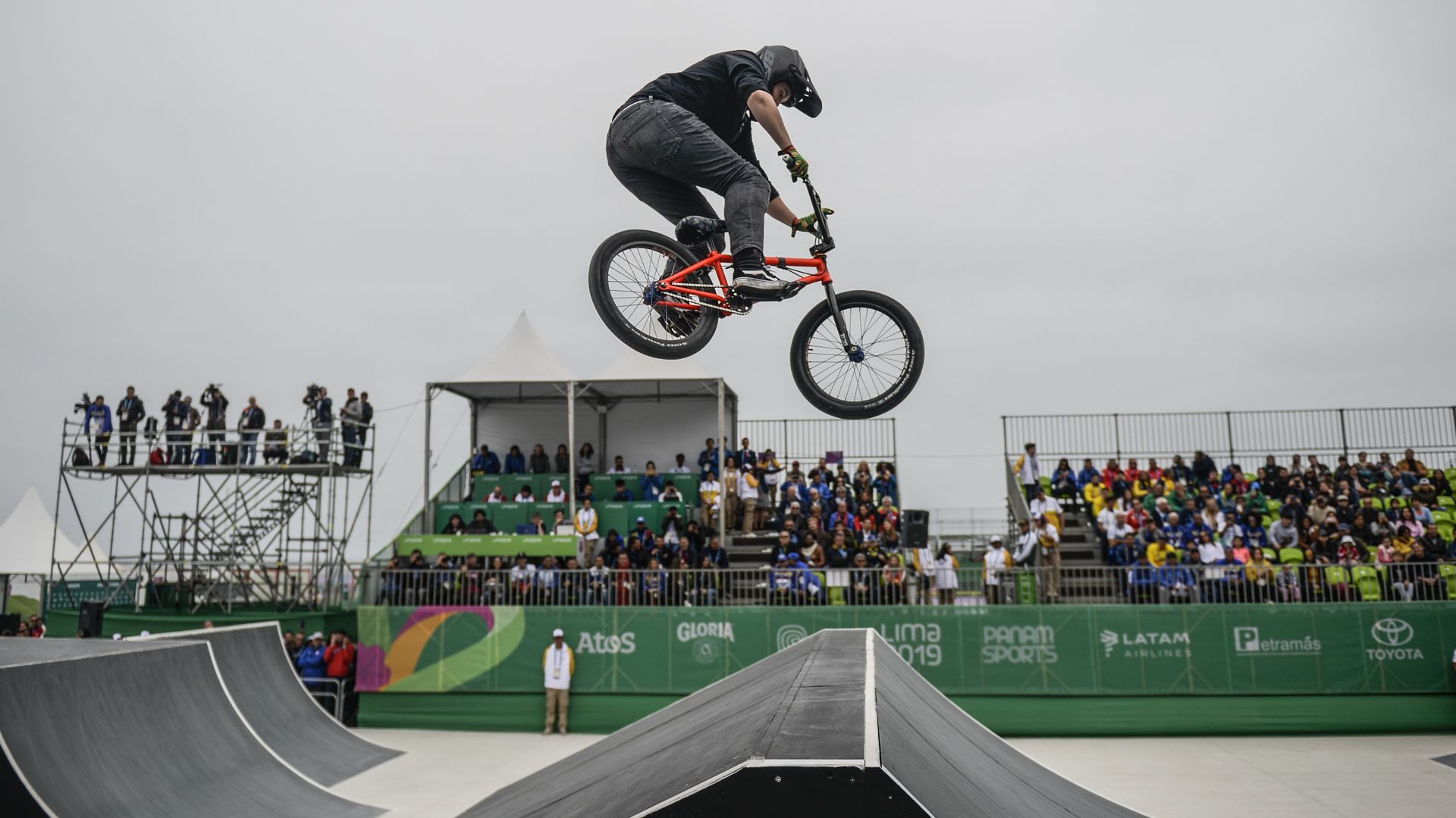 US Hannah Roberts competes in the Cycling BMX Women's Freestyle Final during the Lima 2019 Pan-American Games in Lima on August 11, 2019.