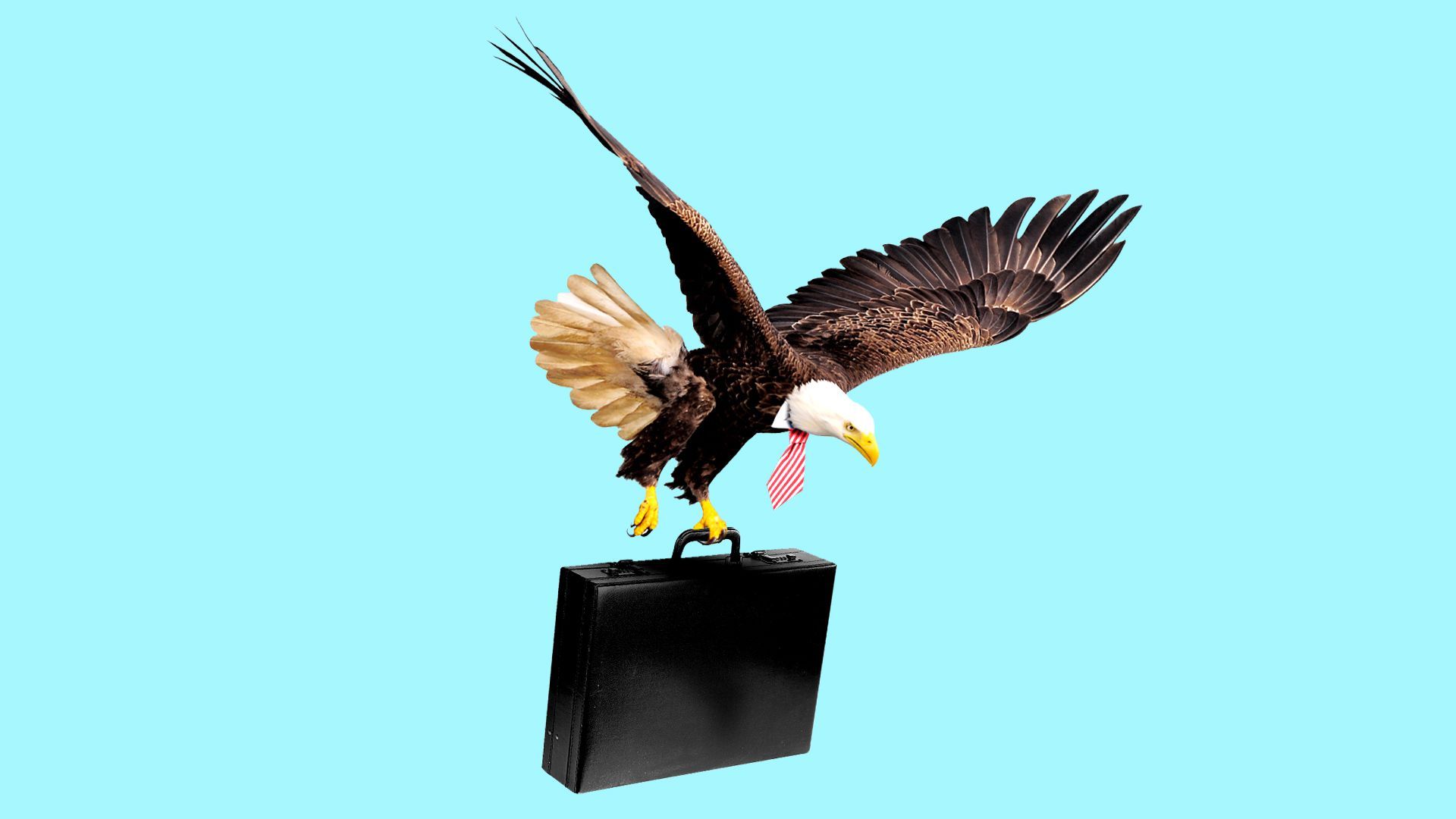 Illustration of an eagle wearing a tie, flying through the air holding a briefcase.   