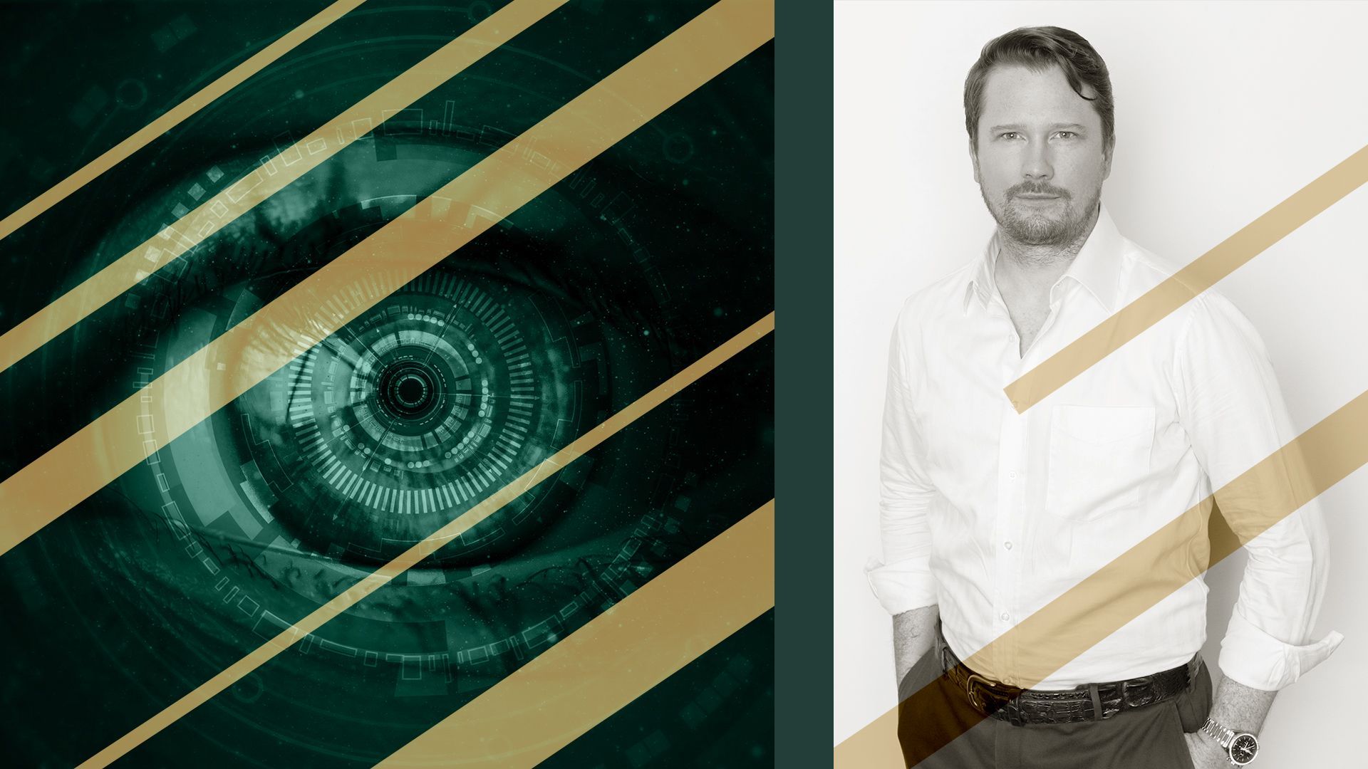 Photo illustration of Metaphysic CEO and cofounder Tom Graham with a digital eye and lines in the background.