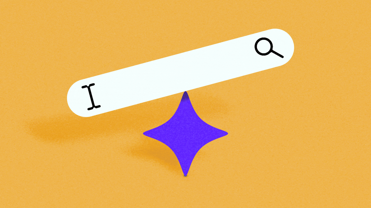 Animated illustration of a search bar balancing, teetering back and forth on the point of a sparkle shape.