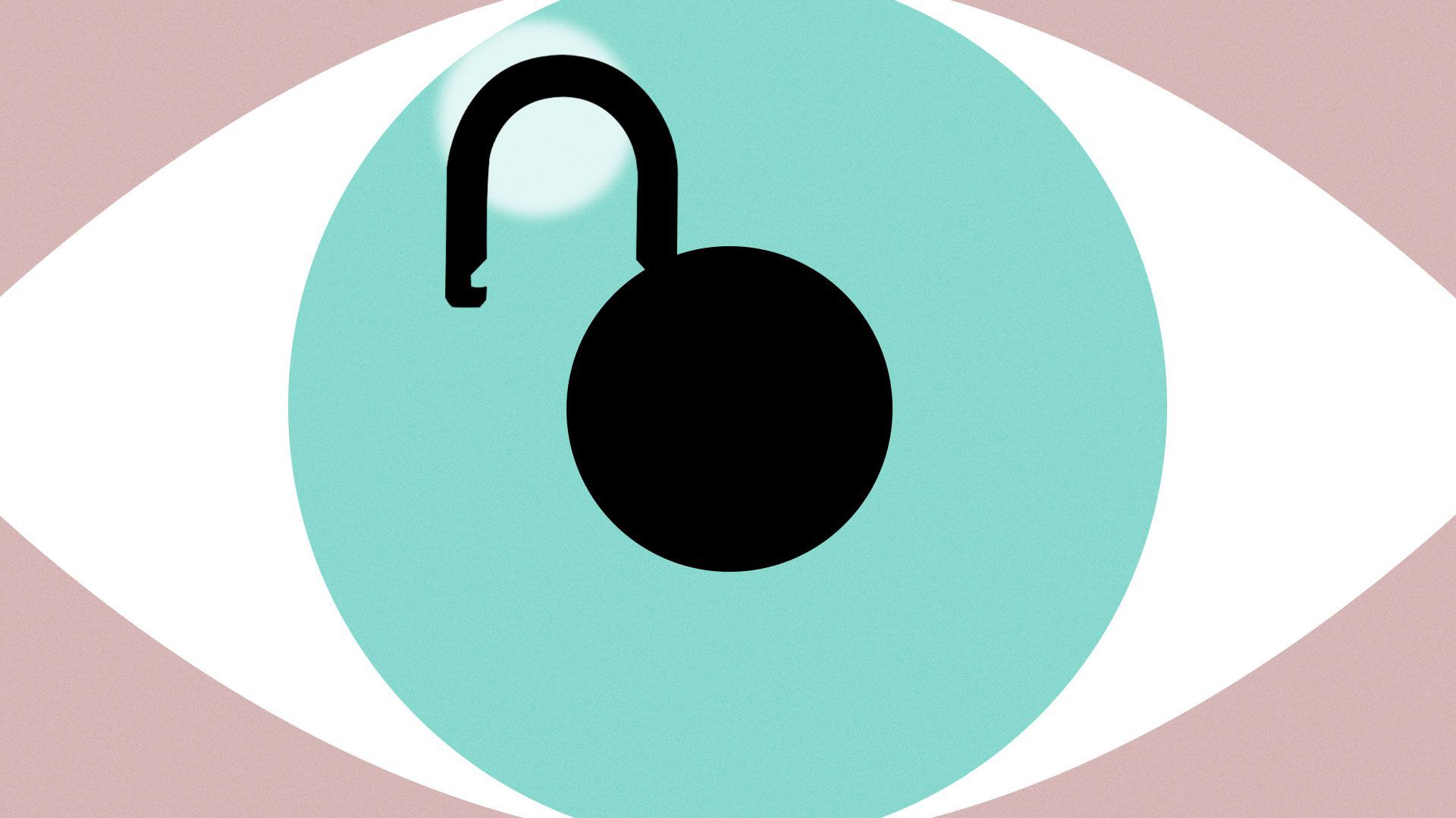 Illustration of a closeup of an eye with an open padlock for the pupil
