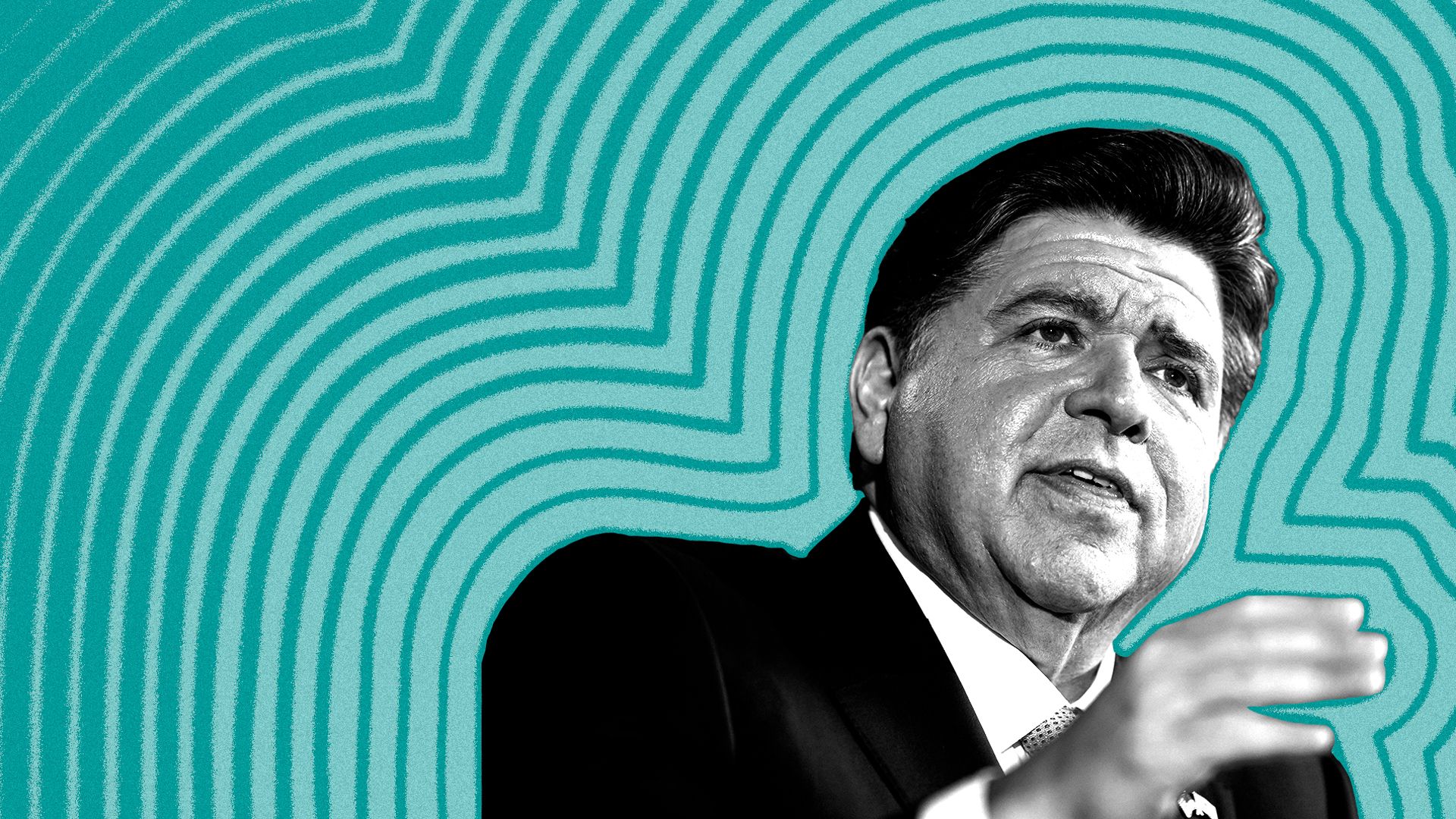Photo illustration of J.B. Pritzker with lines radiating from him.