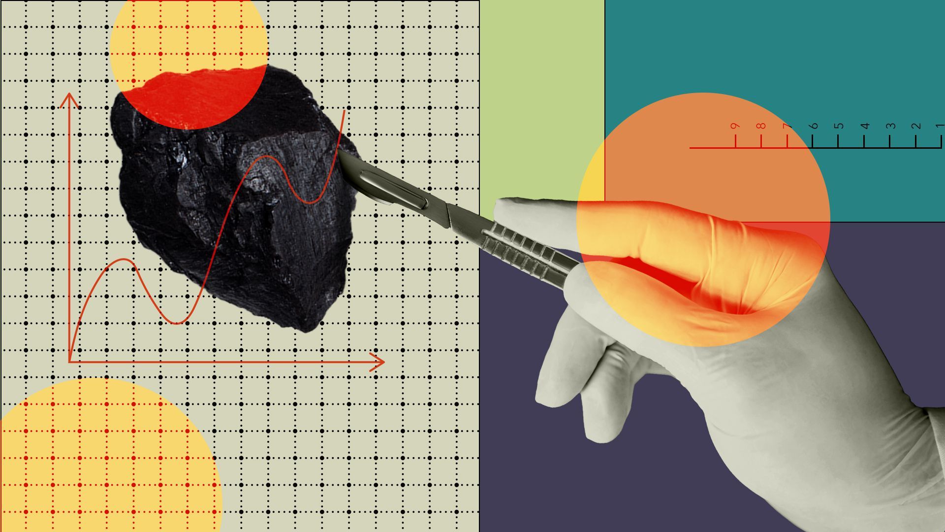 Illustration of a gloved hand cutting into a chunk of coal with a scalpel.