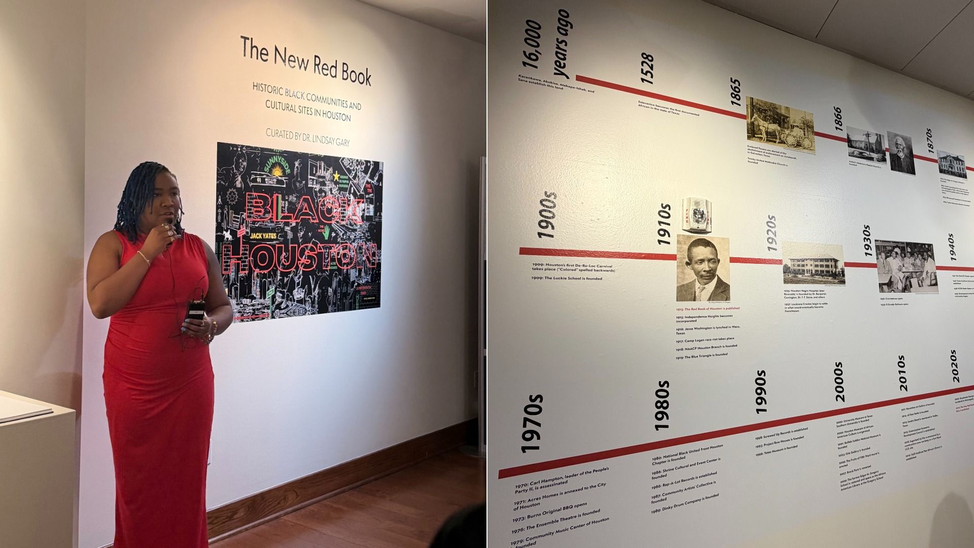 Woman in a red dress speaking in front of a wall exhibit titled "The New Red Book: Historic Black Communities and Cultural Sites in Houston" with a detailed timeline on nearby wall.