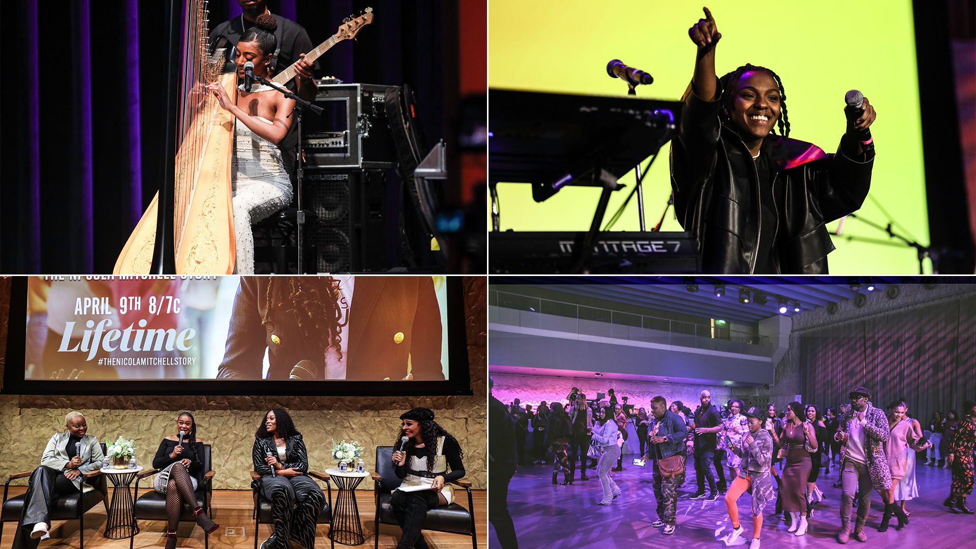 Four photos: The top left image shows a woman playing the harp. The top right image shows a woman holding a mic, smiling and pointing in the air. The bottom left photo shows four women sitting in chairs holding microphones. The bottom right photo shows a group of people dancing.