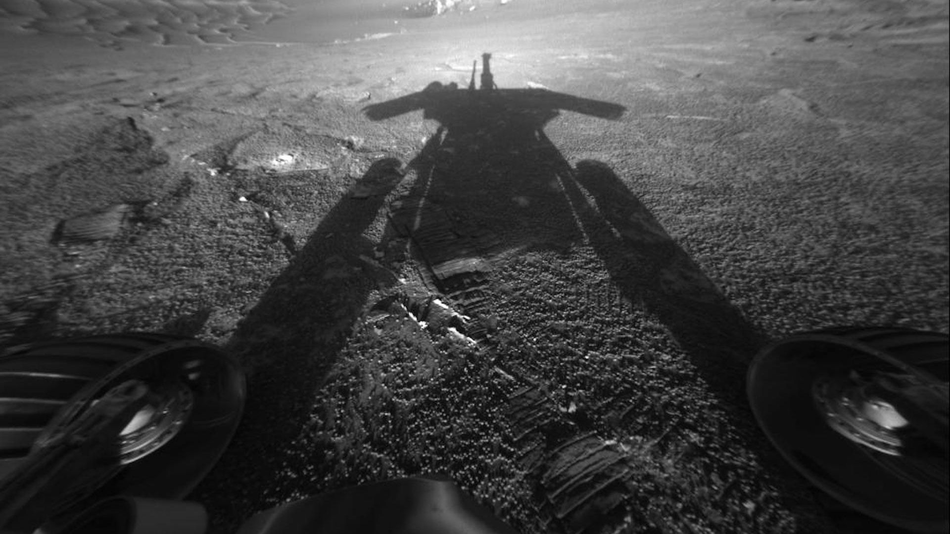 A long shadow cast on Mars by NASA's Opportunity rover.