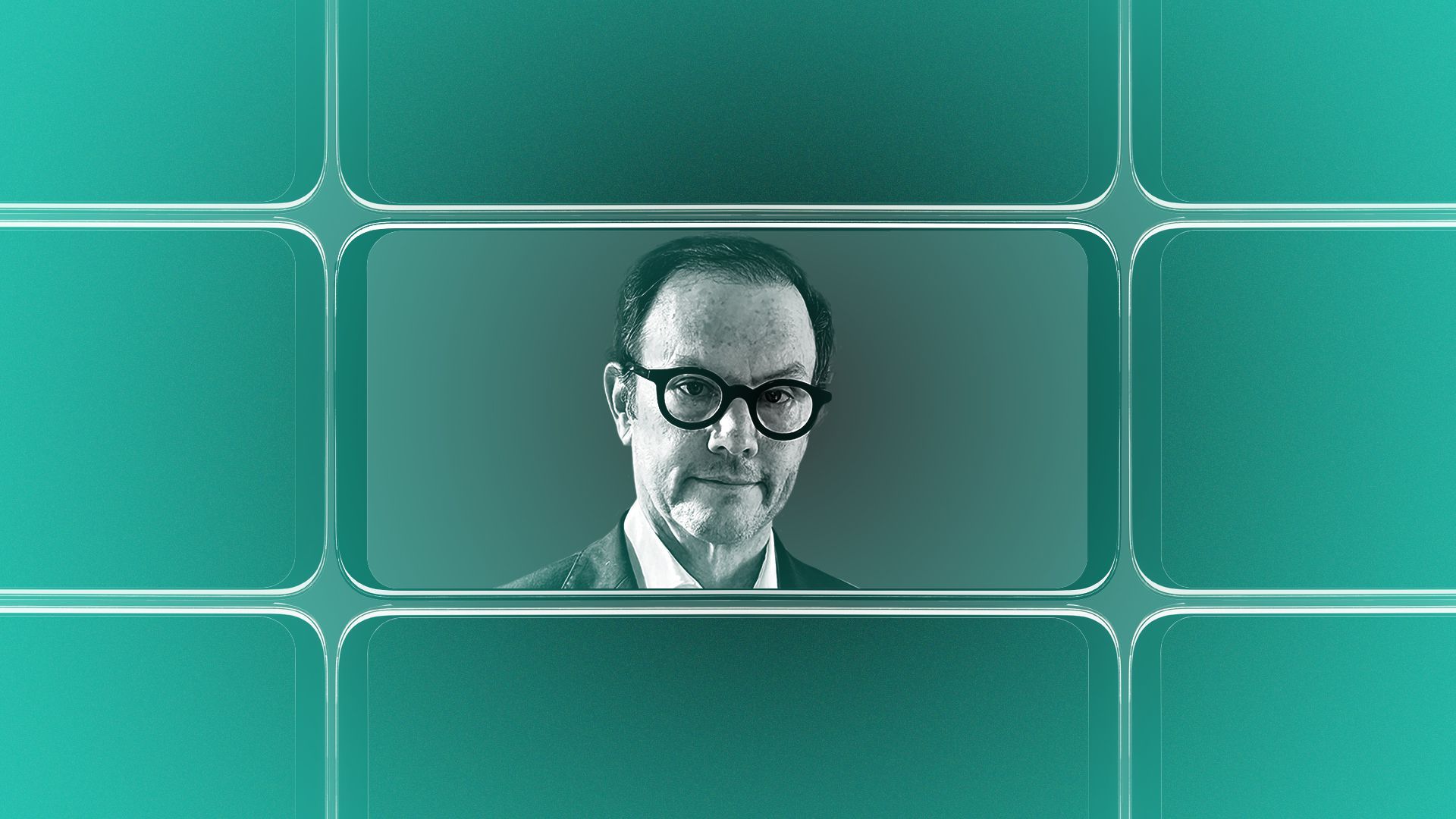 Photo illustration of a grid of smartphone screens, the center one showing an image of Mike Luckovich..