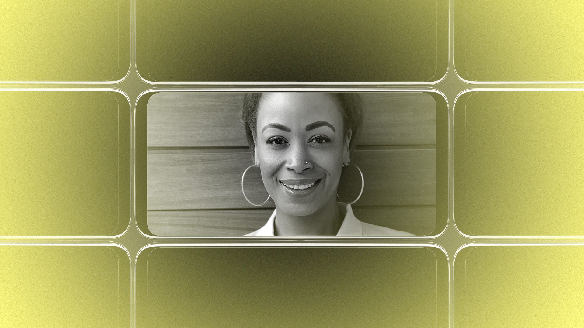 Photo illustration of a grid of smartphone screens, the center one showing an image of Feminista Jones.