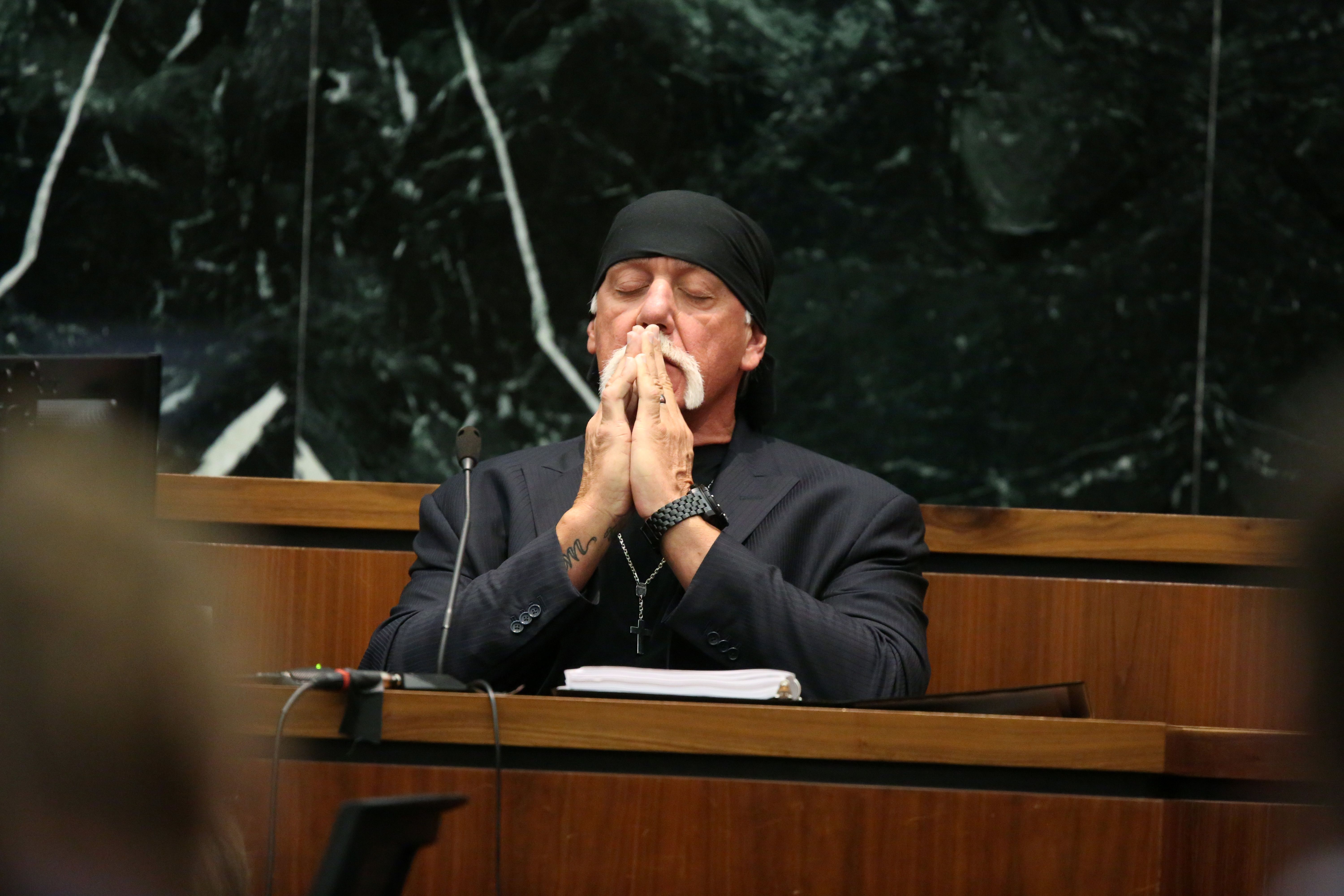 Hulk Hogan, testifies in court during his trial against Gawker Media at the Pinellas County Courthouse on March 8, 2016 in St Petersburg, Florida. Bollea is taking legal action against Gawker in a USD 100 million lawsuit for releasing a video of him having sex with his best friends wife. (Photo by J