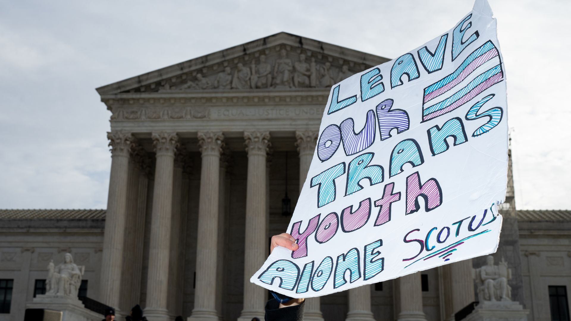 Activists for and against trans rights protest outside the U.S. Supreme Court before the start of the United States v. Skrmetti case on Wednesday, December 4, 2024. The case looks at whether a Tennessee law banning gender-affirming care for minors violates the Constitution's equal protection.