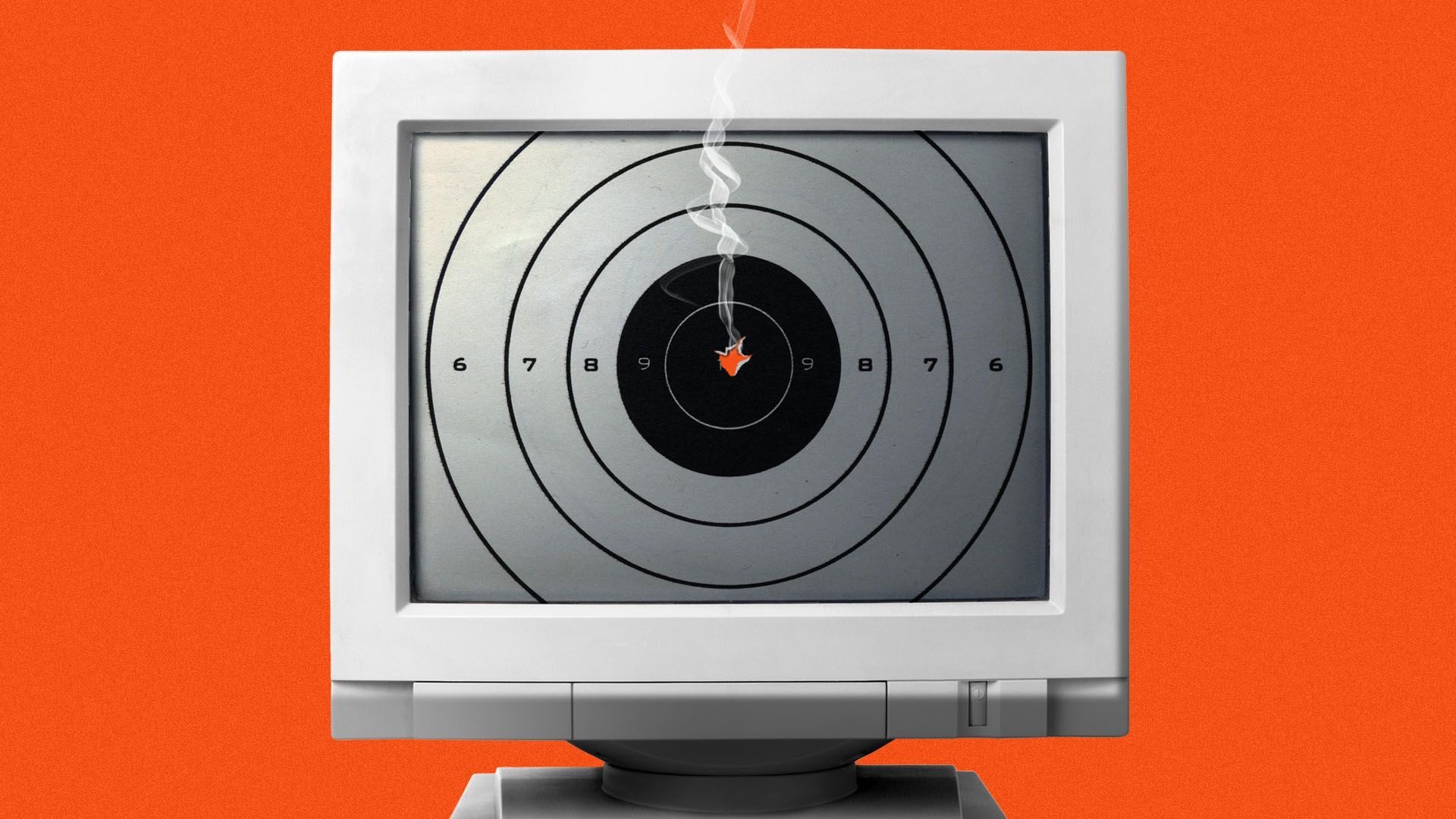 Illustration of a computer monitor with a target on the screen and a smoking bullet hole in the center 