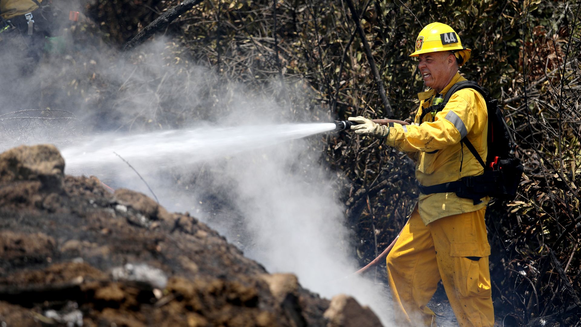 Firefighter with a hose putting out a brush fire.