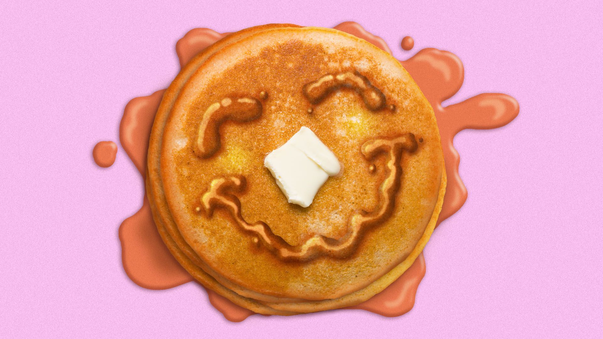 Illustration of a stack of pancakes with a smiley face made out of syrup