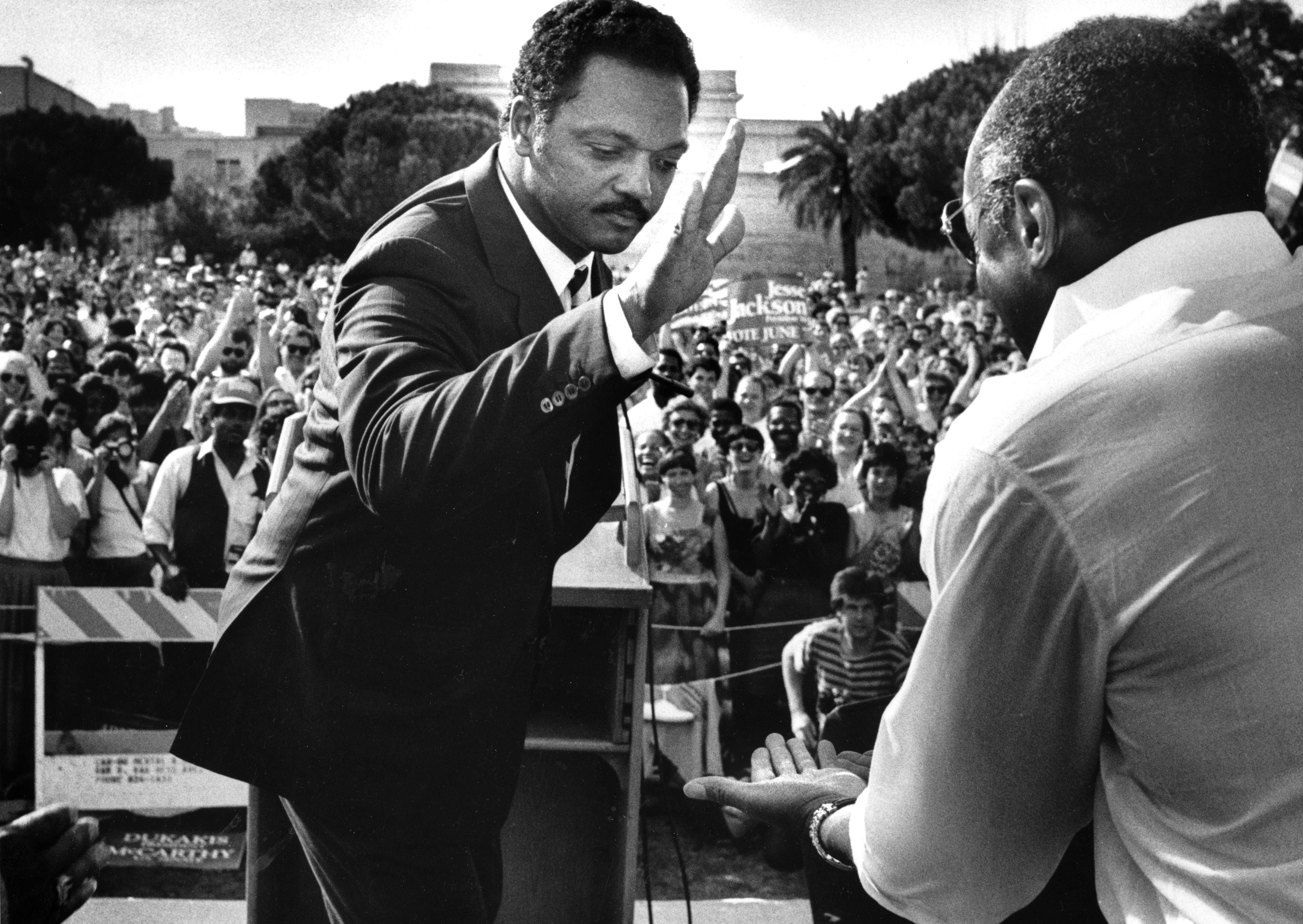 Oct. 16, 1988: Presidential candidate Jesse Jackson gives Willie Brown a low five during a get-out-the-vote rally in San Francisco. According to the caption, Brown had arrived late to Jackson's speech. ... CABLE CARS 3, WILLIE BROWN 3. (Photo by Brant Ward/San Francisco Chronicle via Getty Images)