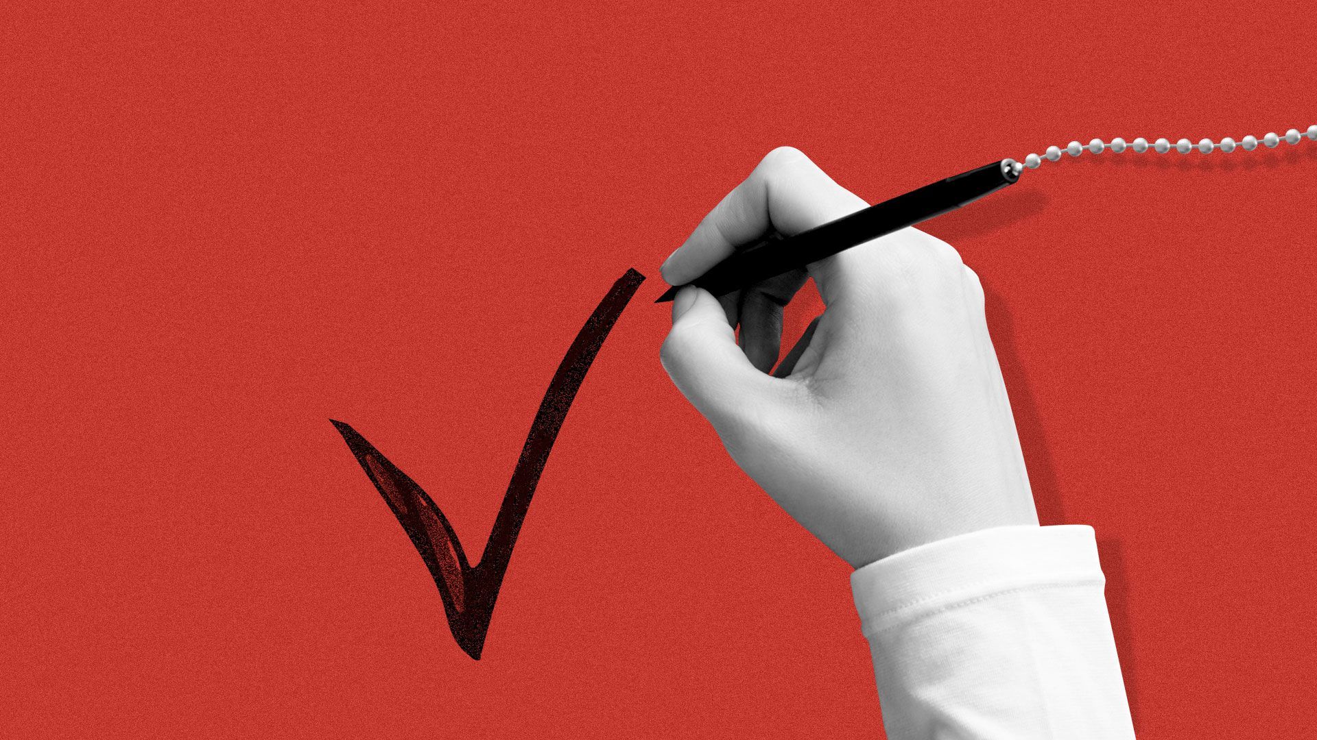 Illustration of hand holding a bank pen drawing a checkmark