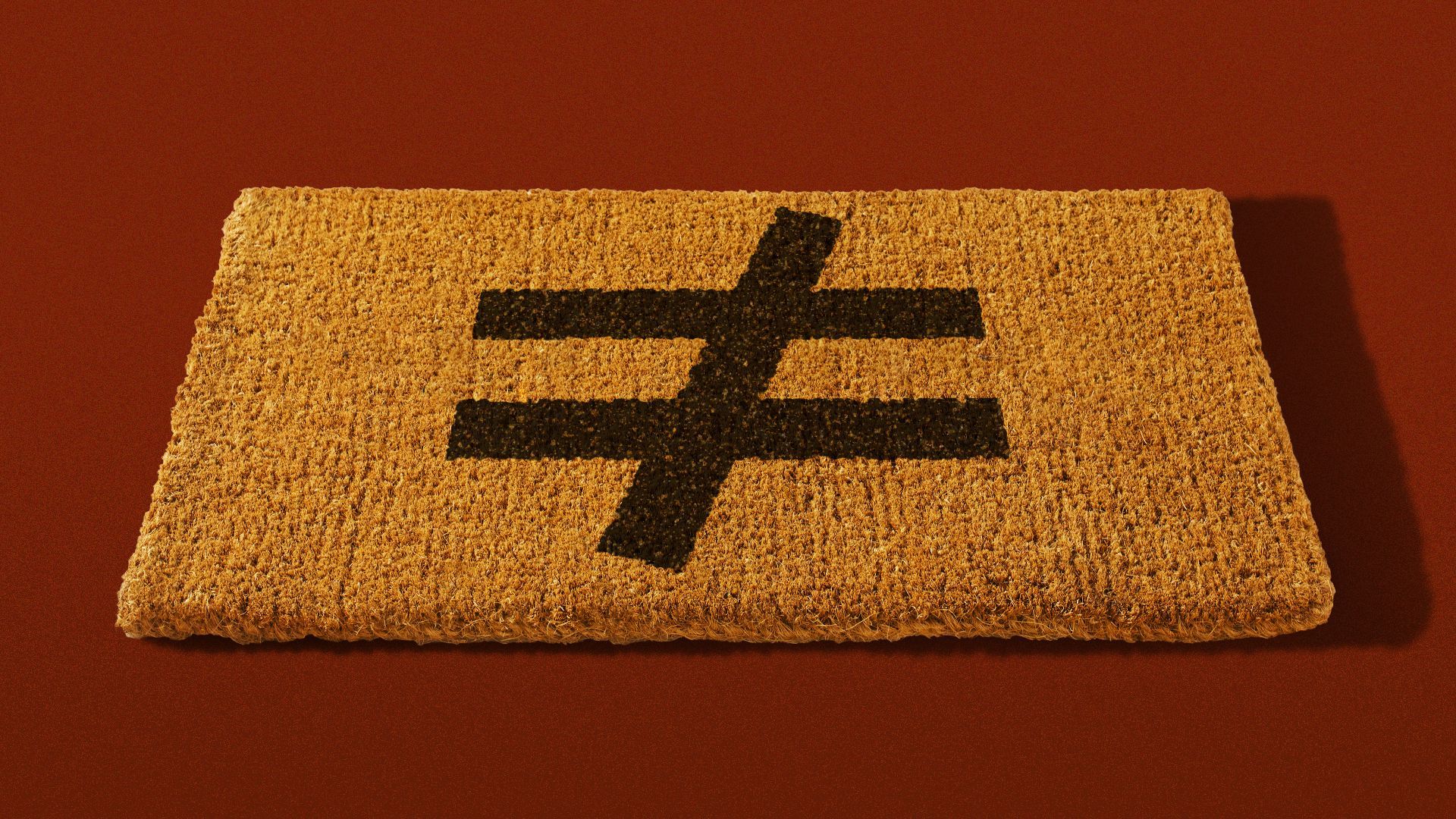 Illustration of a welcome mat with the inequality symbol on it.