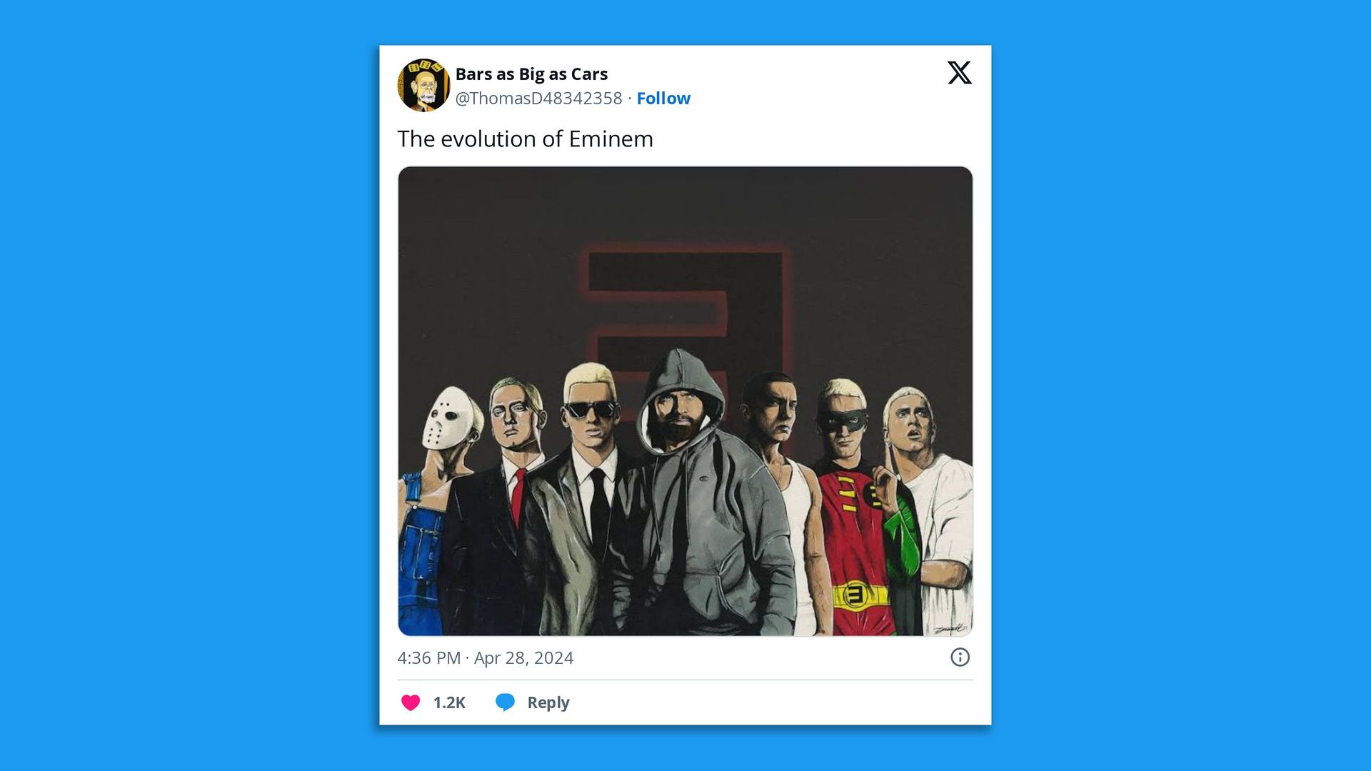 All different characters that Eminem has played over the years, standing together as a group