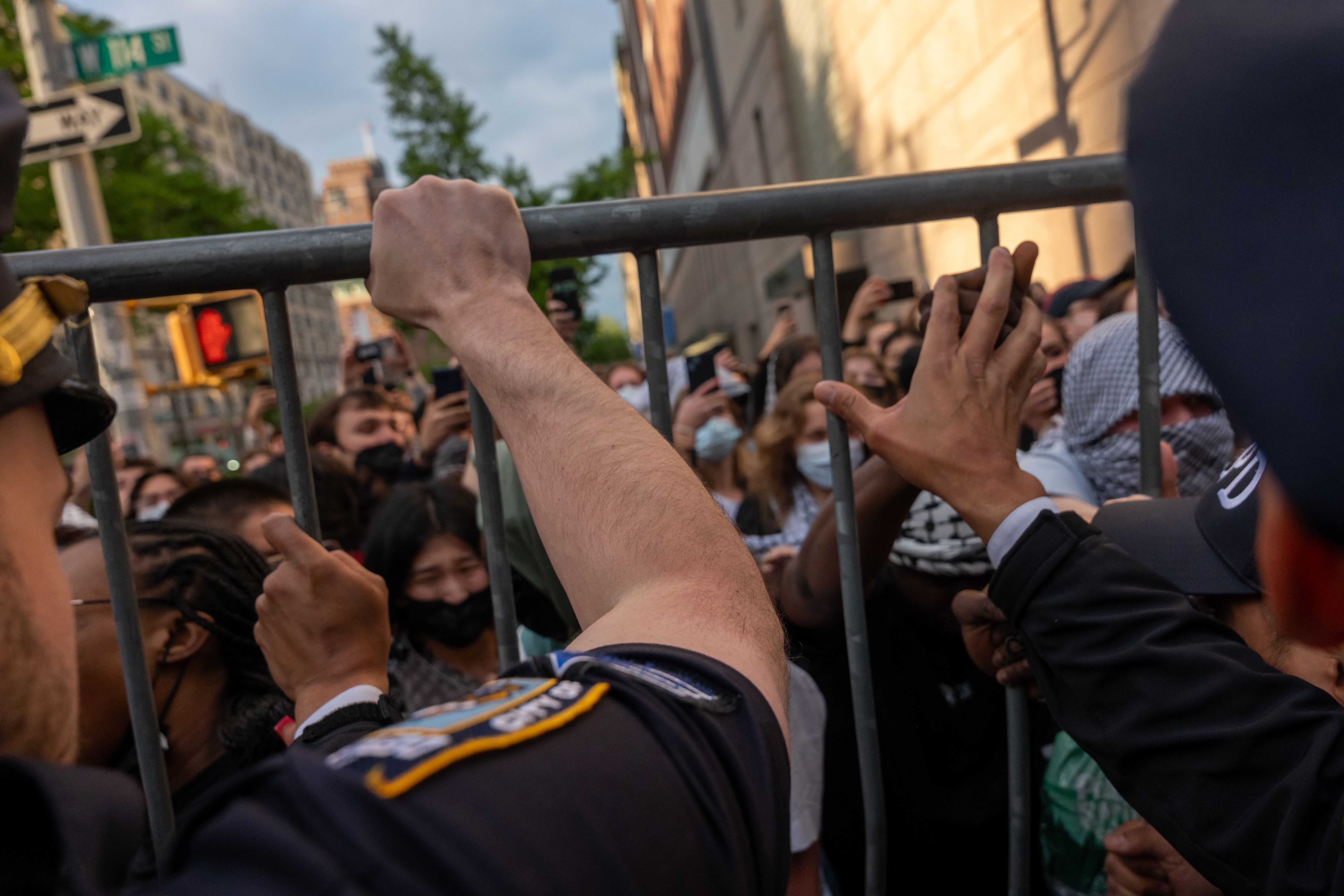 Police push back protesters as they gather outside of Columbia University's Butler Library after pro-Palestinian protesters occupied the space on May 07, 2025 in New York City. Crowds of protesters grew as a standoff with security and group calling themselves "Columbia University Apartheid Divest" a