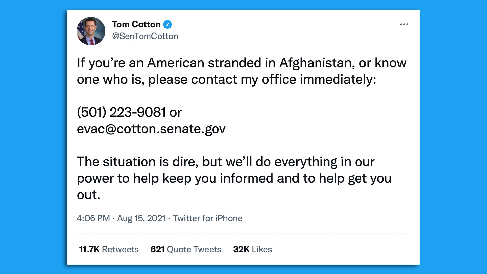 A tweet from Sen. Tom Cotton showing support for people stuck in Afghanistan. 