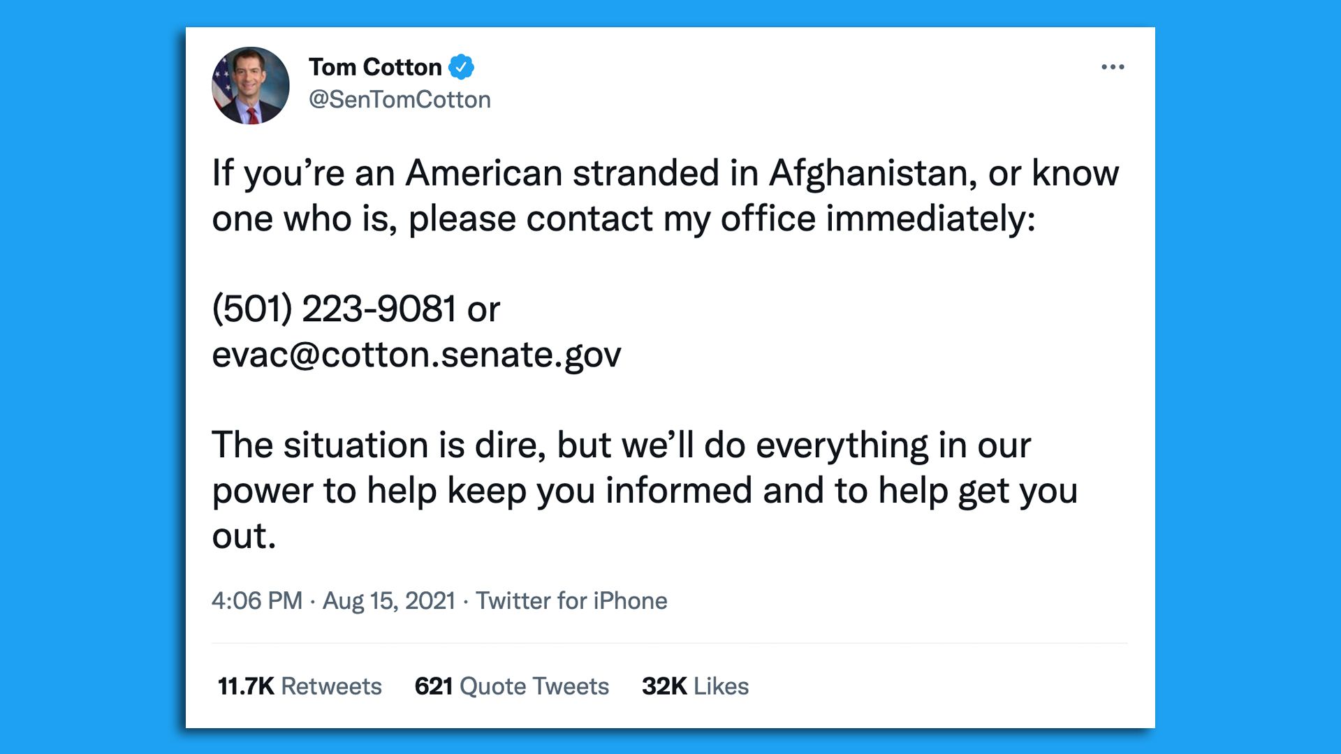 A tweet from Sen. Tom Cotton showing support for people stuck in Afghanistan.