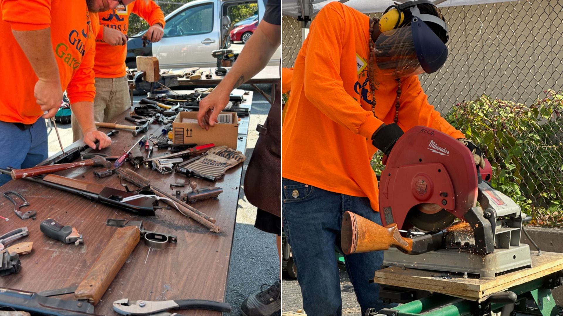 Two-panel scene: left shows volunteers in orange shirts displaying assorted hand tools on a table; right shows a worker in orange PPE with a face shield using a Milwaukee cut-off saw outdoors beside a chain-link fence.