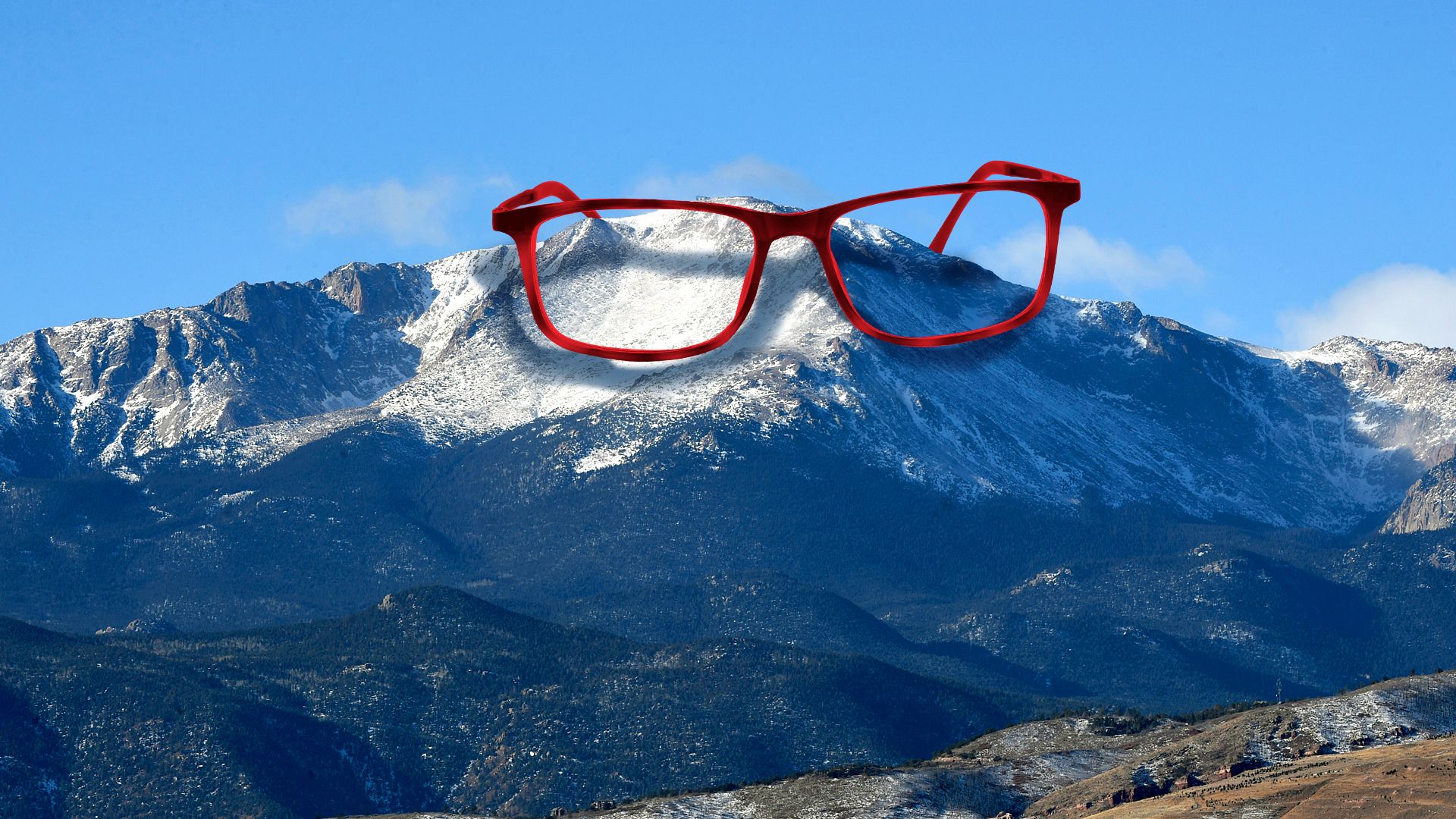 Photo illustration of Pikes Peak wearing a pair of glasses.