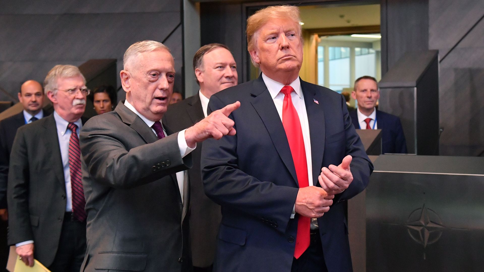 President Trump  walks with Secretary of Defence James Mattis, Secretary of State Mike Pompeo and National Security Adviser National security adviser John Bolton 