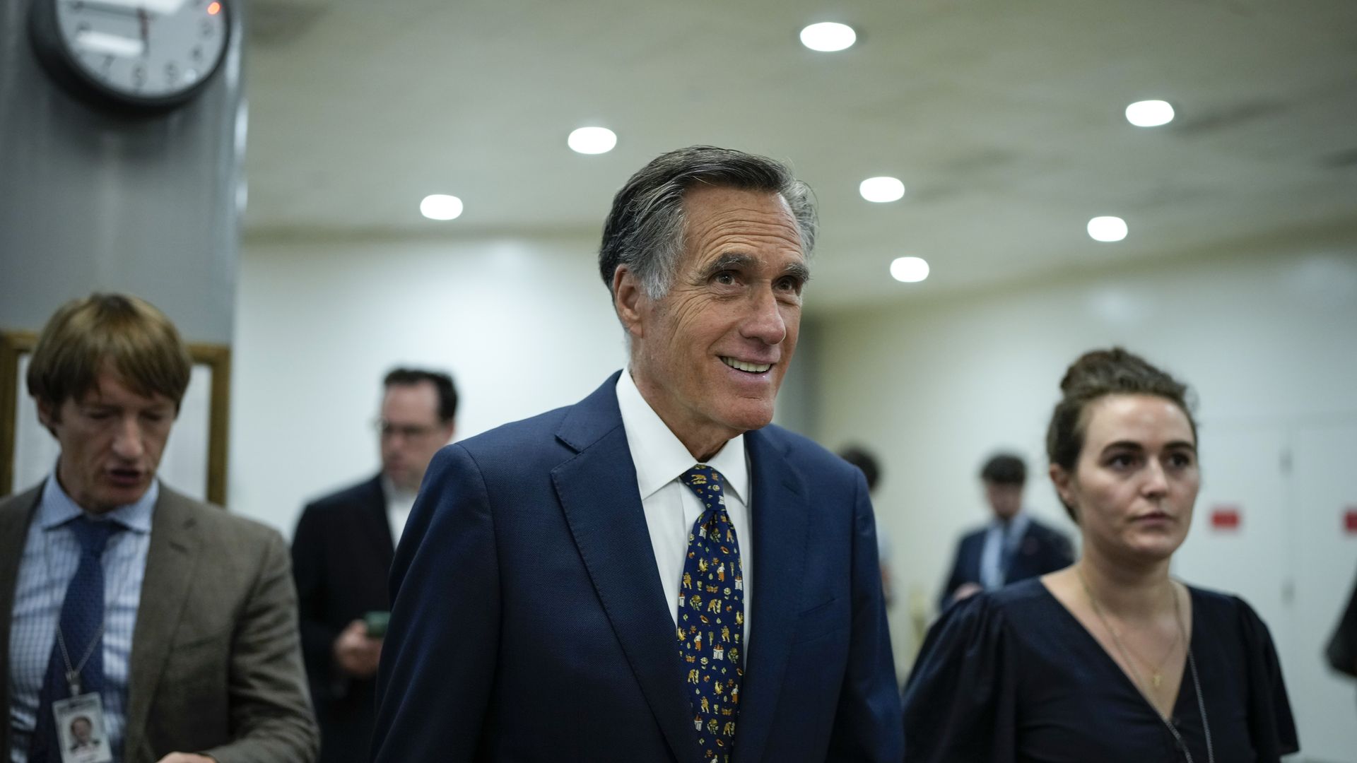 Sen. Mitt Romney (R-UT) walks through the Senate subway at the U.S. Capitol on September 11, 2023 in Washington, DC. 
