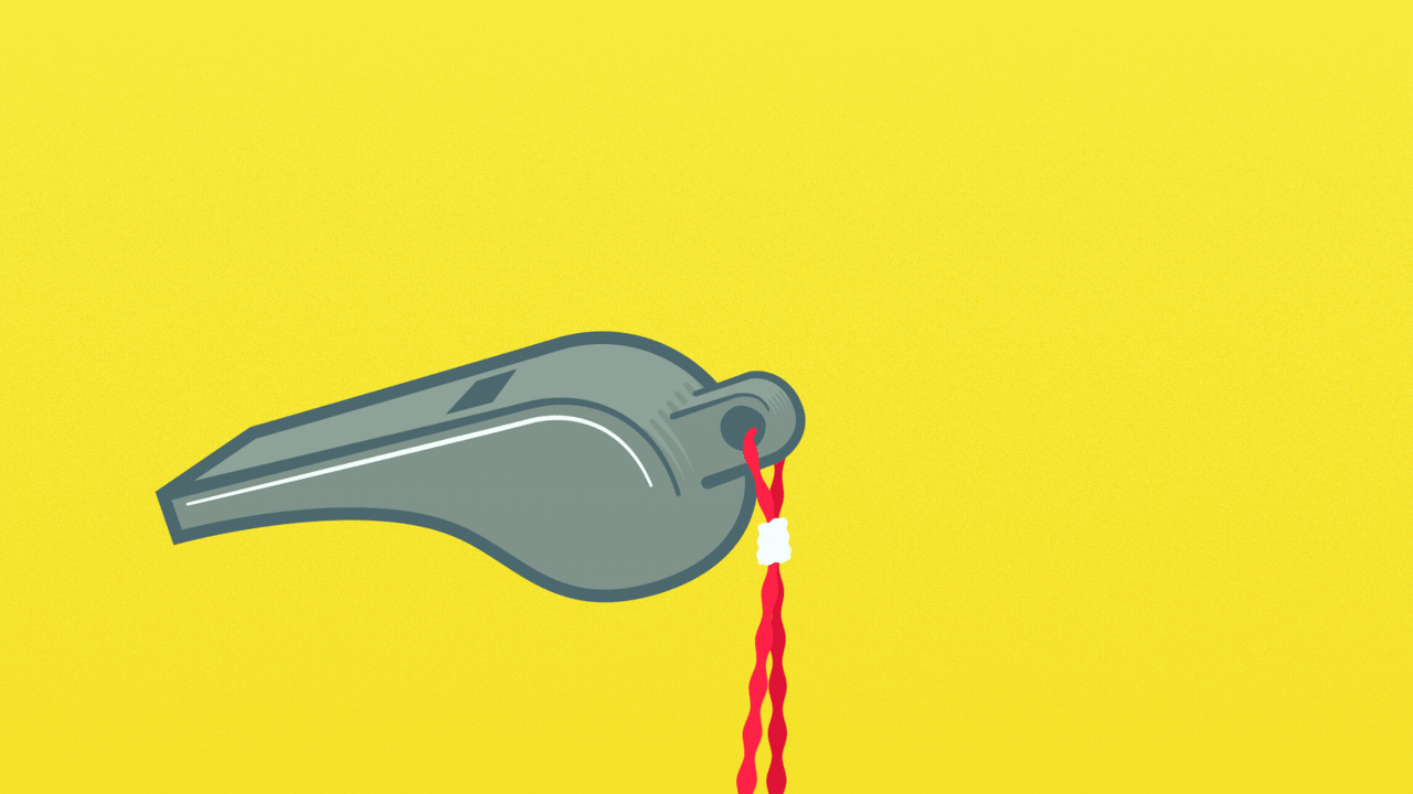 Illustration of a whistle that blows with wavy lines and dollar signs coming out of it. 