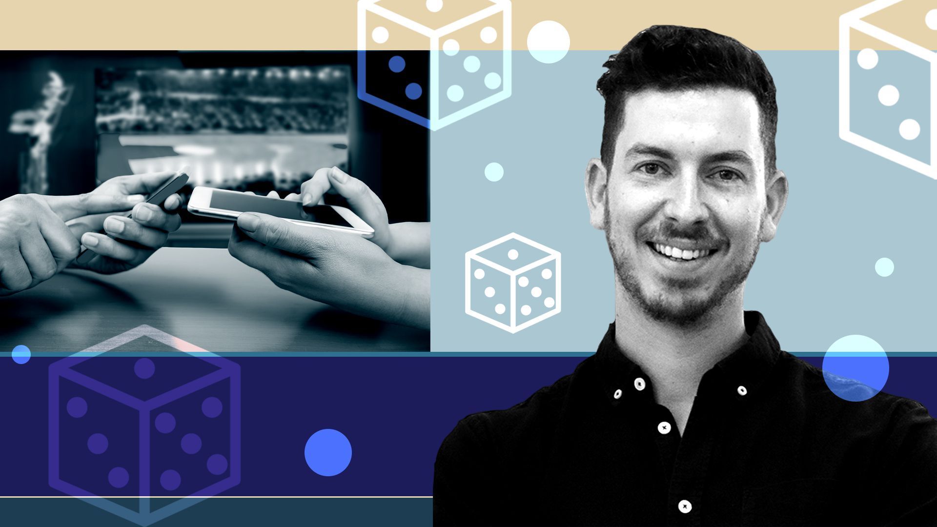 Photo illustration of Dan Graetzer, founder and CEO of MaximBet, with an image of people using phones to make sports bets.