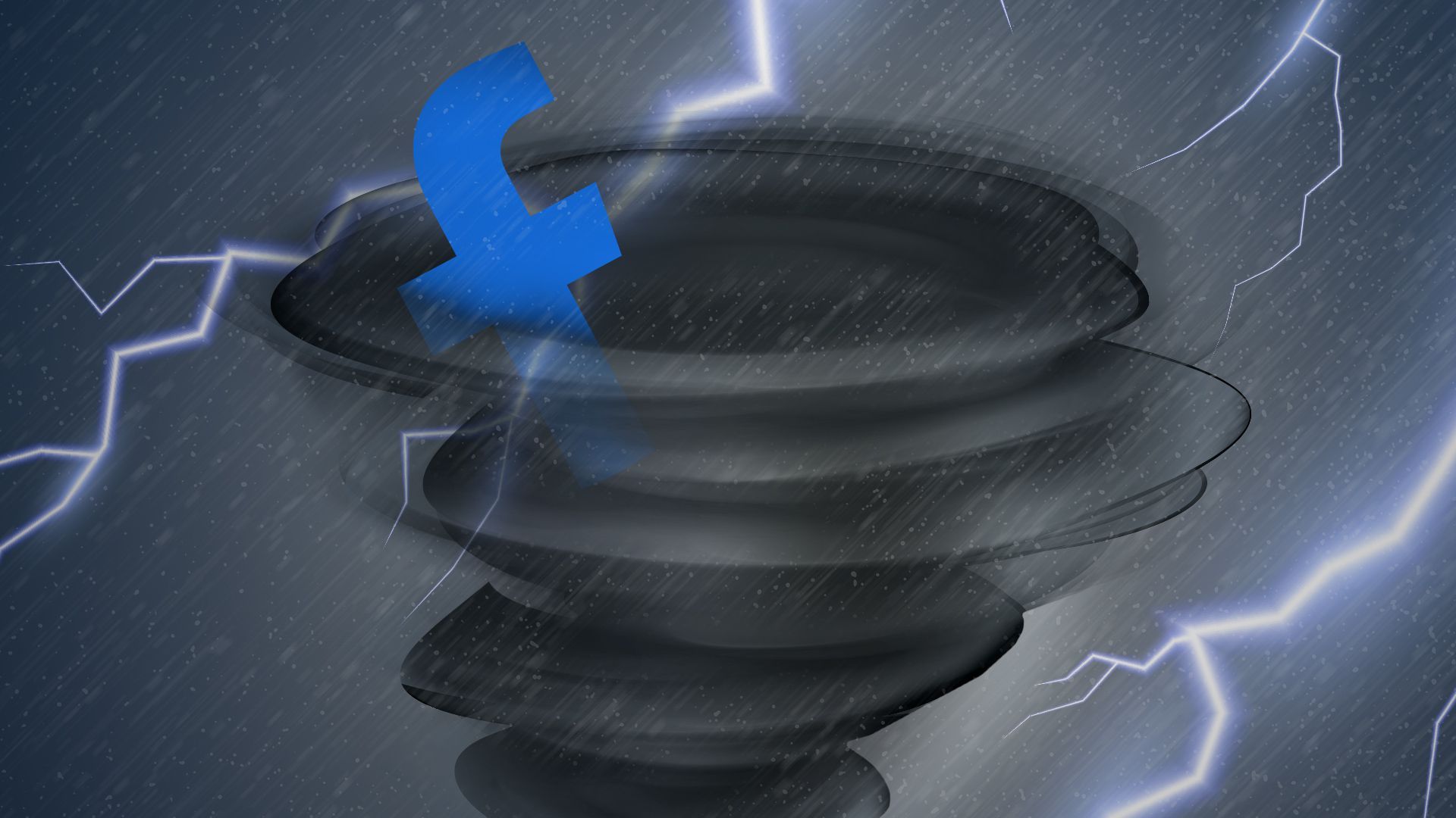 Illustration of the Facebook F logo in a tornado surrounded by a storm with lightning.  