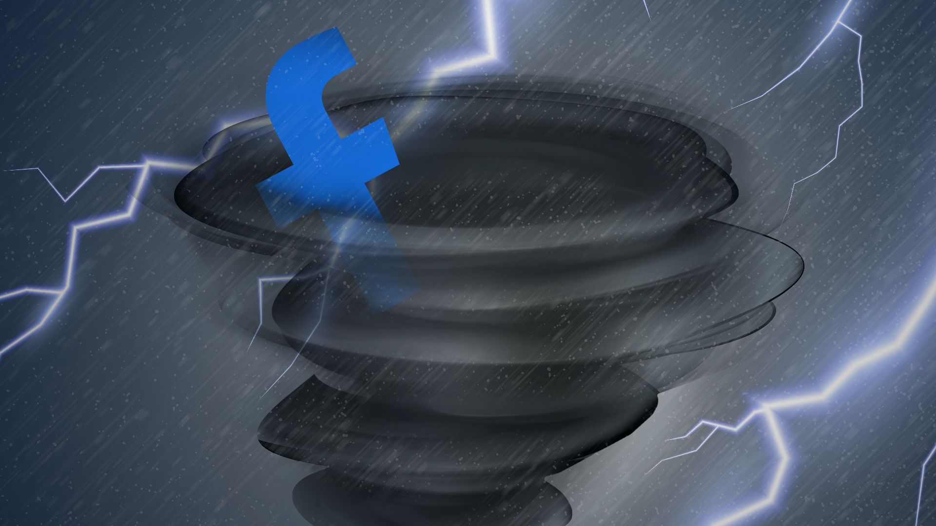 Illustration of the Facebook F logo in a tornado surrounded by a storm with lightning.