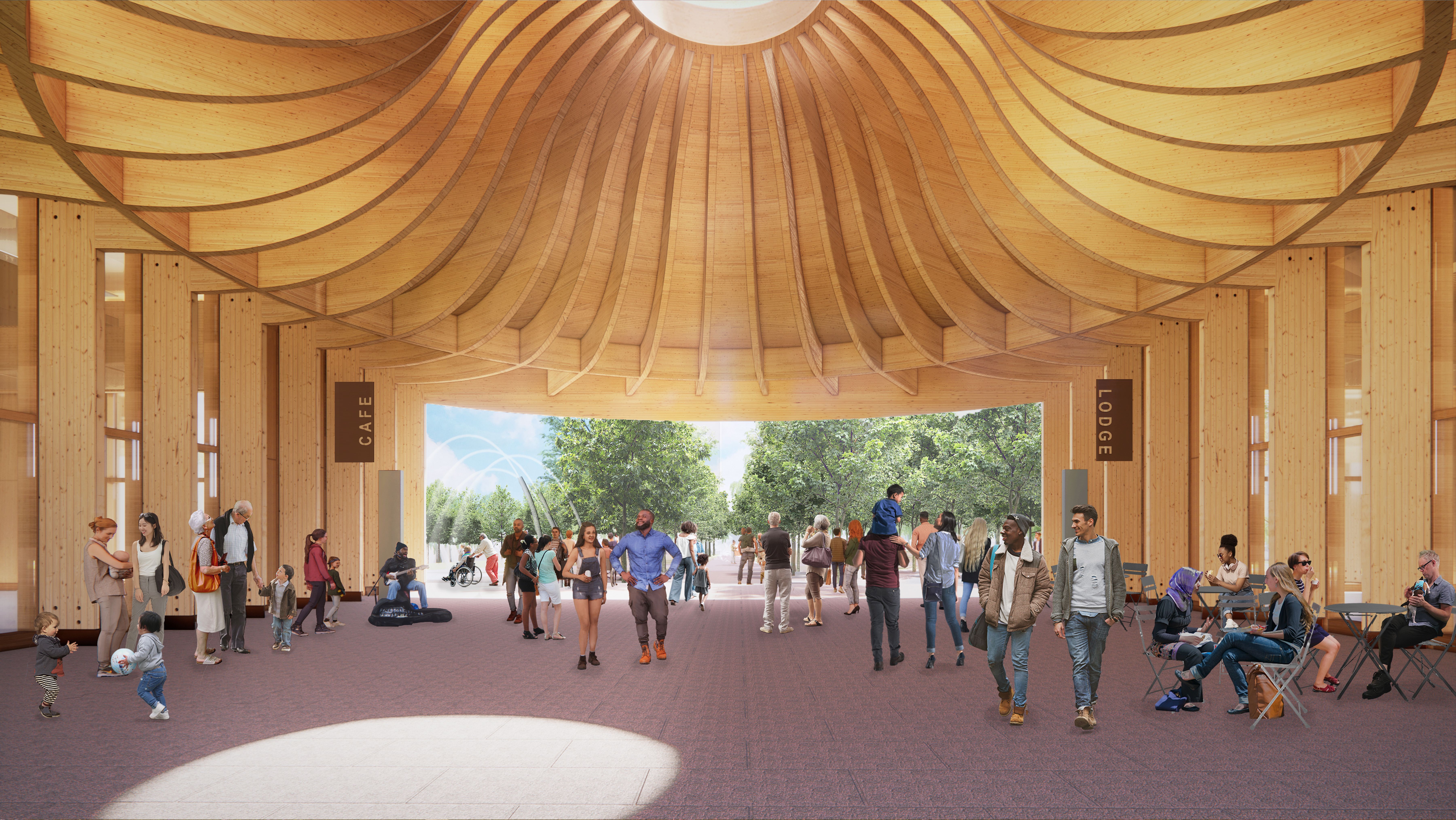 A rendering of the breezeway inside the proposed “mass-timber building” at the park. 