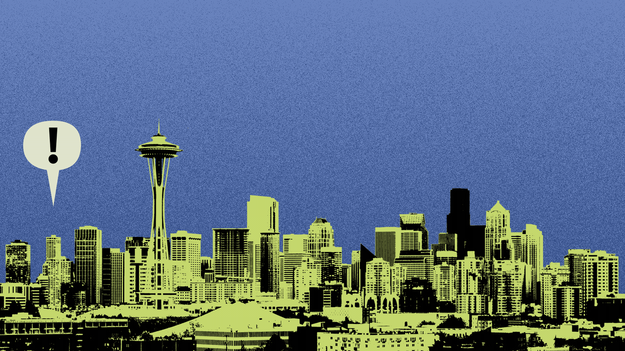 Illustration of the Seattle skyline with word balloons with exclamation points in them popping up over it from left to right.