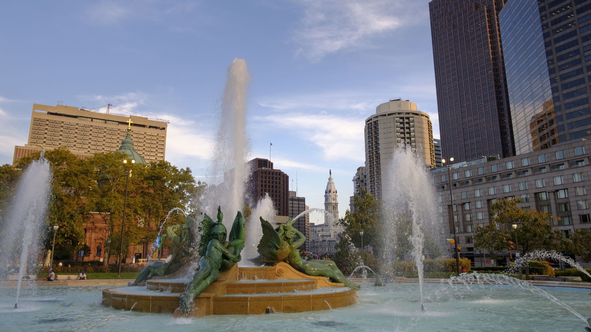 Water shoots out of the Swann Memorial Fountain in Philadelphia.