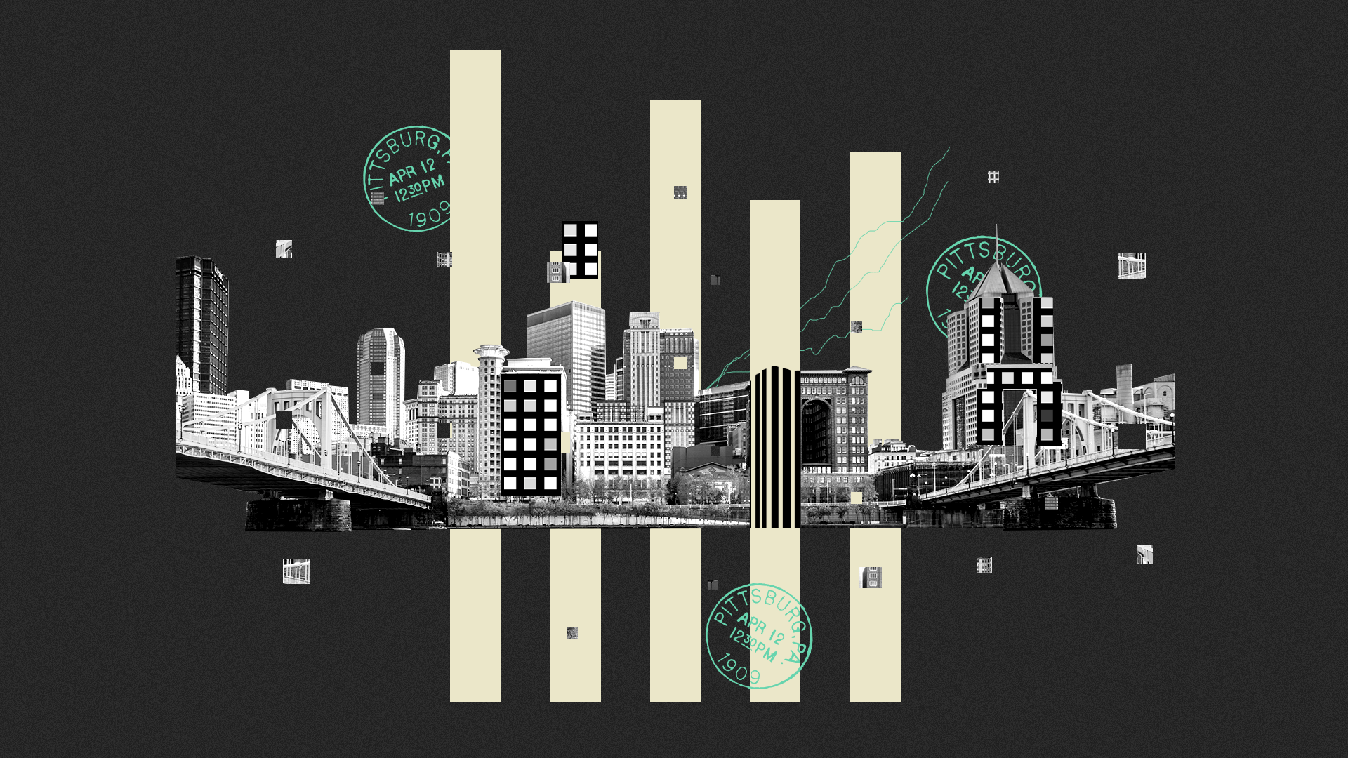 Animated illustrated collage of the Pittsburgh skyline with flickering lights in the windows surrounded by old city stamps, lines, and floating squares. 