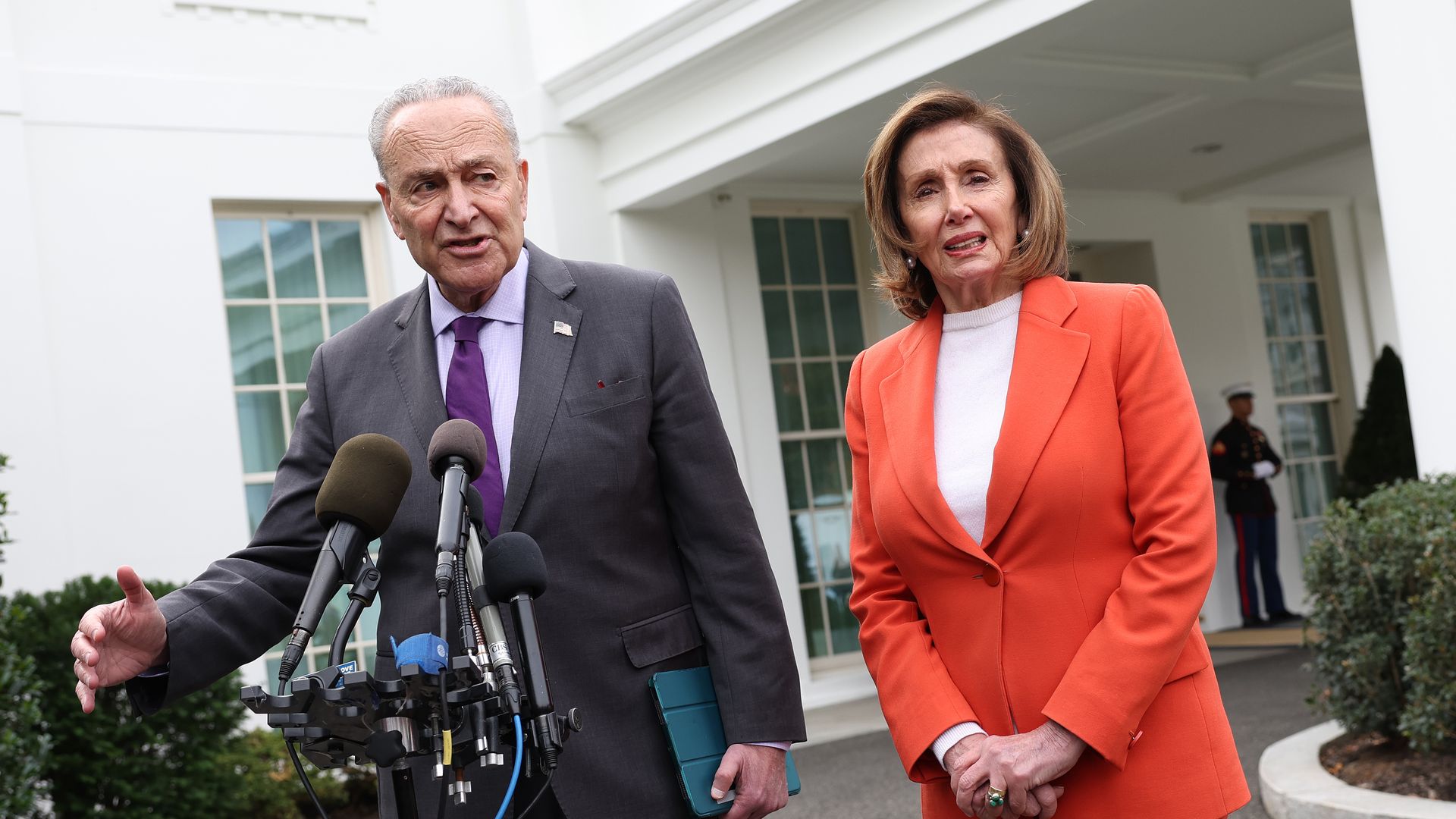 Senate Majority Leader Charles Schumer (D-NY) and Speaker of the House Nancy Pelosi (D-CA) speak to the media following a meeting with U.S. President Joe Biden at the White House on November 29, 2022