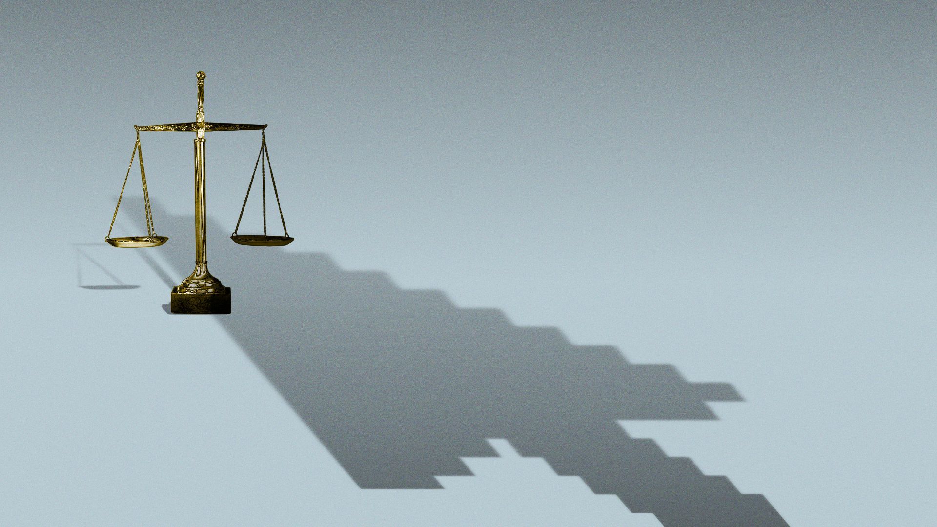 The shadow of a large mouse cursor hovering over the scales of justice.