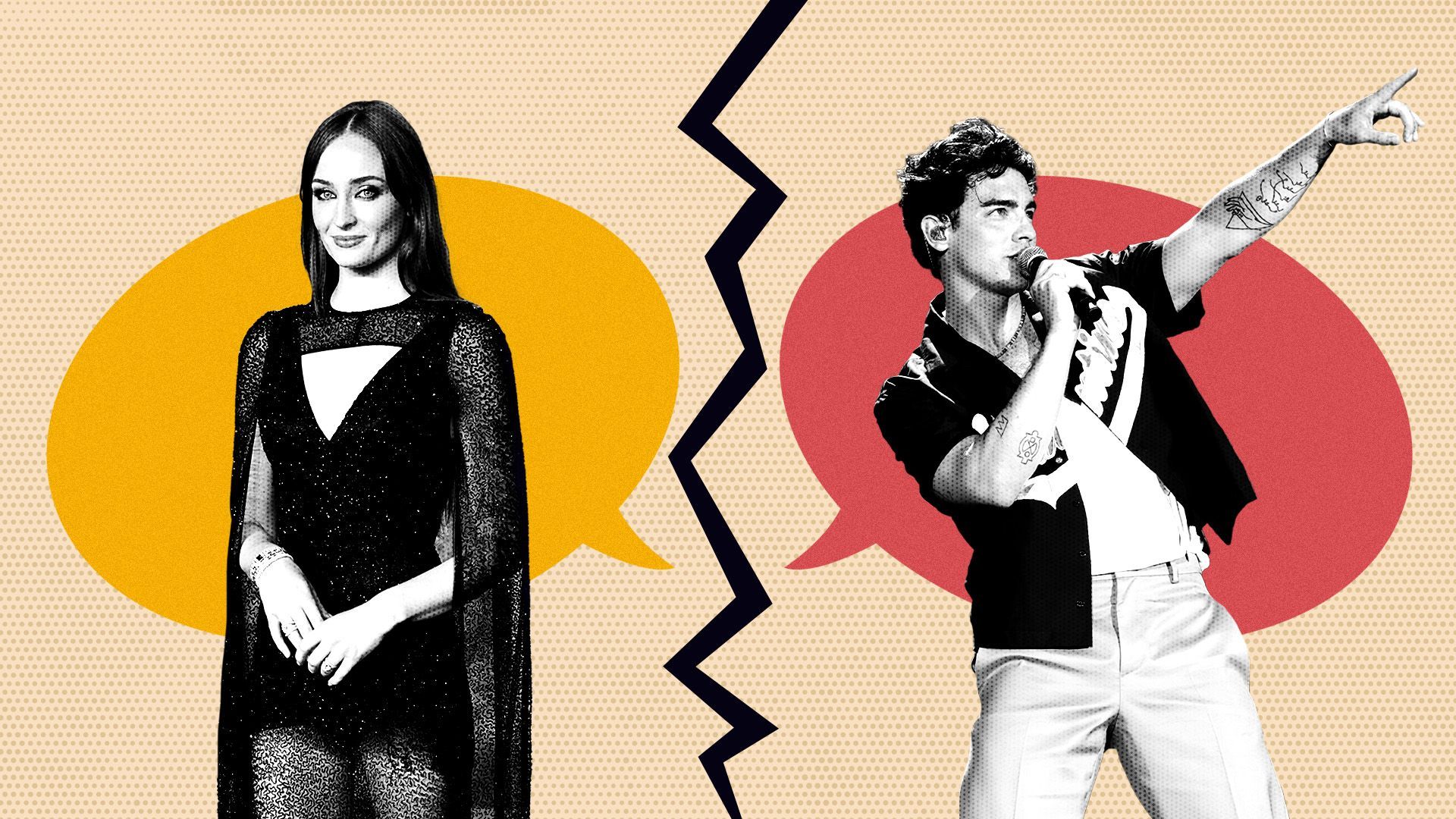 Photo illustration of Sophie Turner and Joe Jonas featuring a crack down the middle and speech bubbles behind them