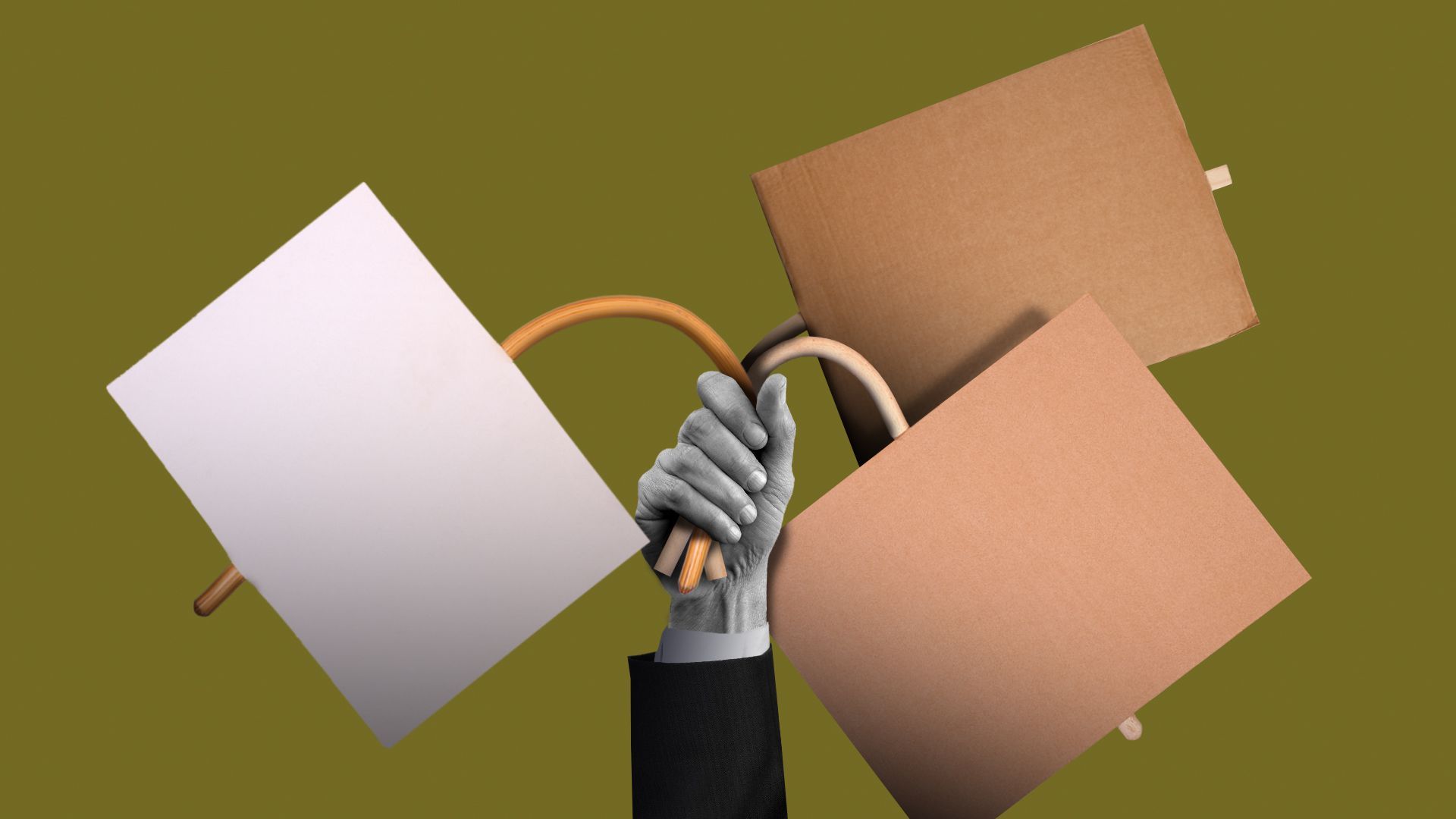 Illustration of a hand holding protest signs which are bent and drooping