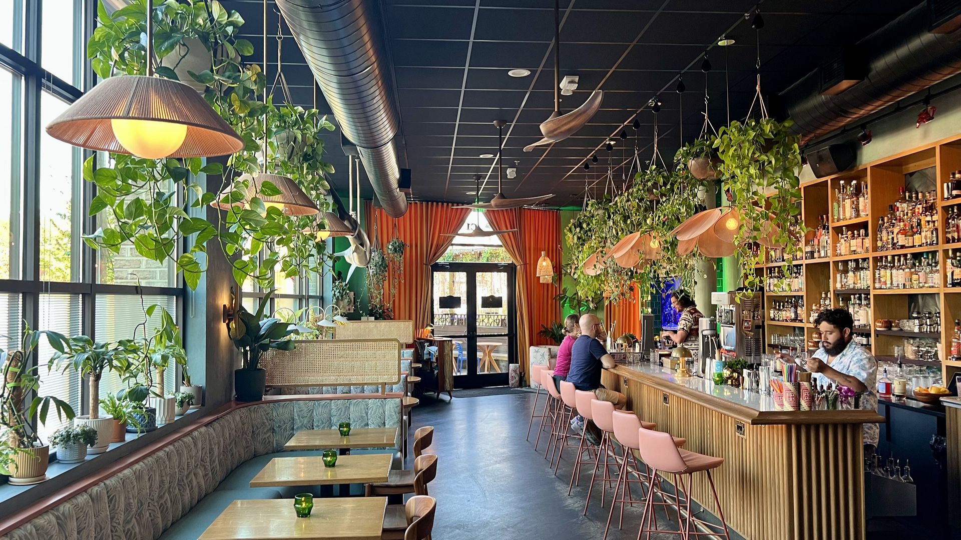 a wide shot of a bar with plants hanging from the ceiling and orangey-red drapes in the far back near the door way. On the right, is a bar with pink seats