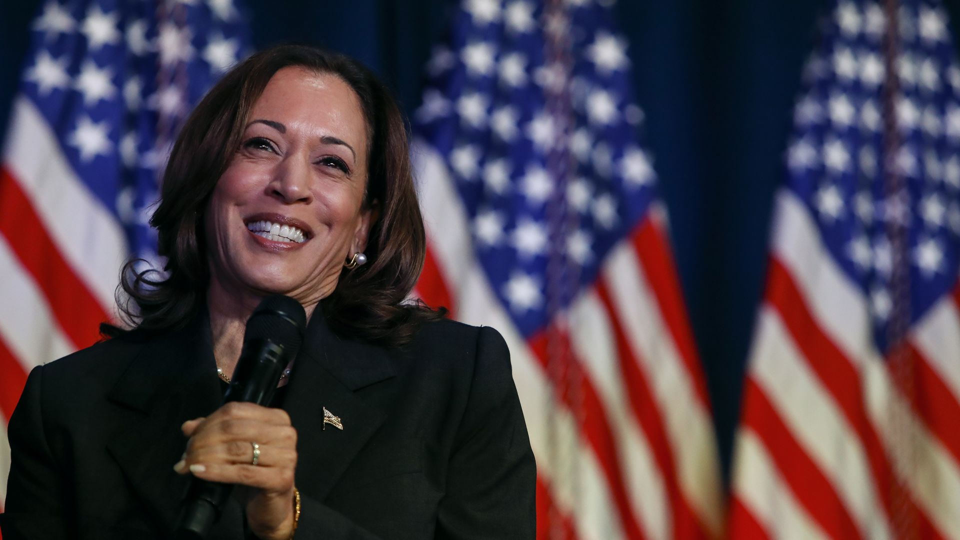 Vice President Kamala Harris speaks at a moderated conversation with former Trump administration national security official Olivia Troye and former Republican voter Amanda Stratton on July 17, 2024 in Kalamazoo, Michigan.