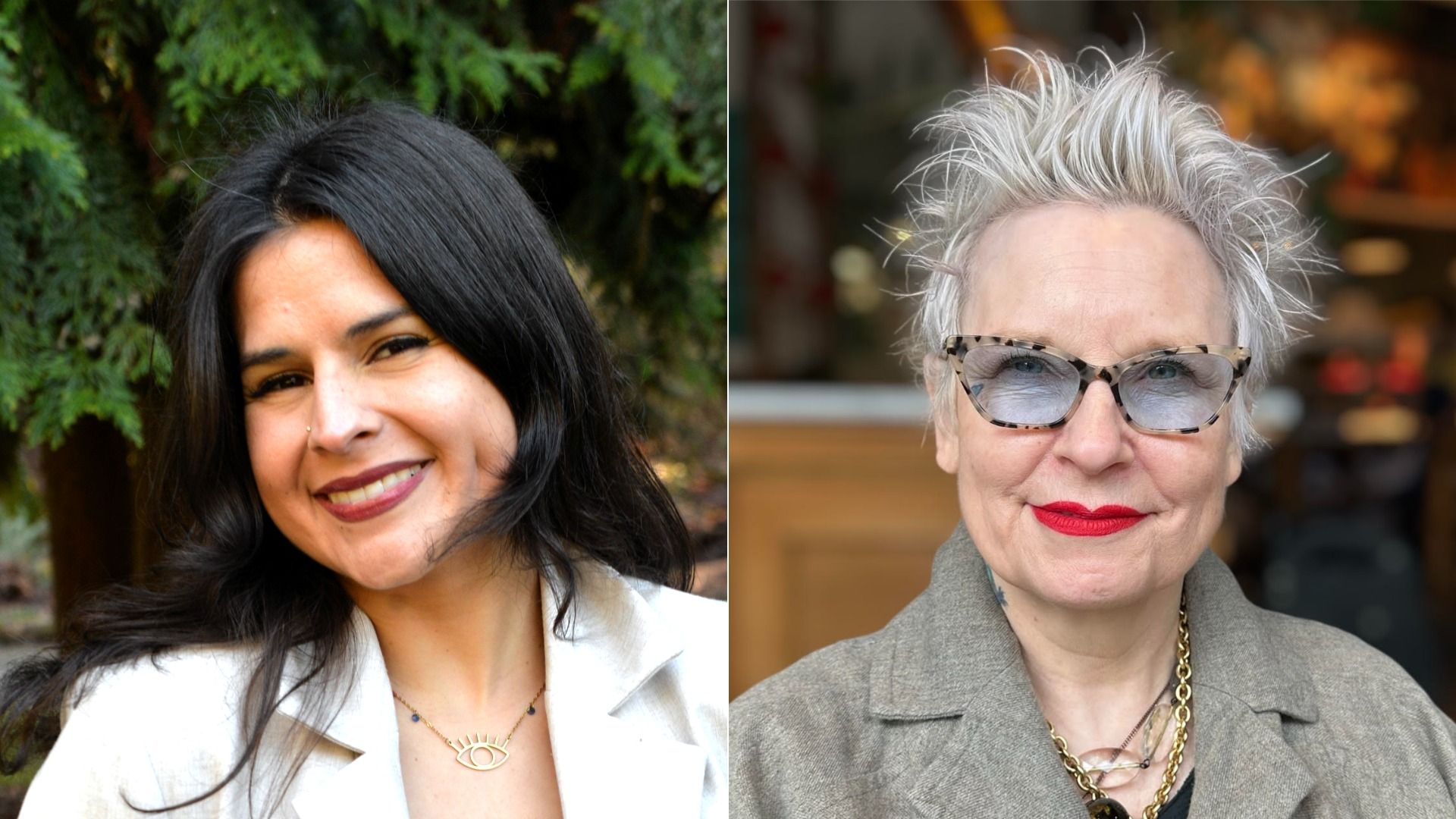 Side-by-side portraits of Alexis Mercedes Rink at left, with long brown hair wearing a beige jacket and a gold necklace outdoors; Rachael Savage, at right, has short spiky hair and wears patterned glasses and a gray jacket indoors.