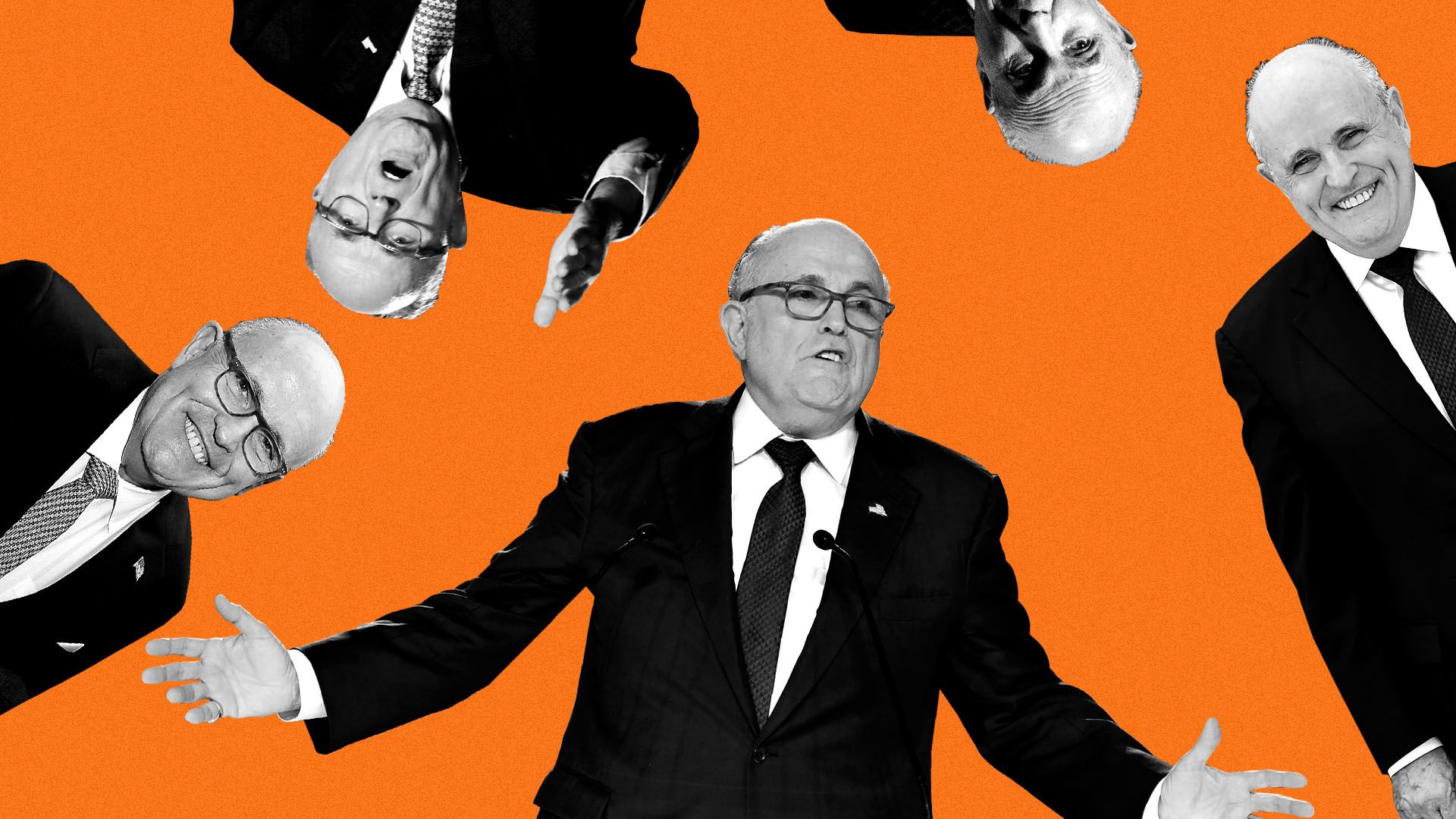 Photo illustration of multiple Rudy Guilliani's on an orange background