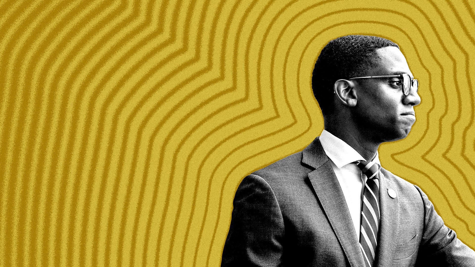 Photo illustration of Cleveland Mayor Justin Bibb with lines radiating from him. 