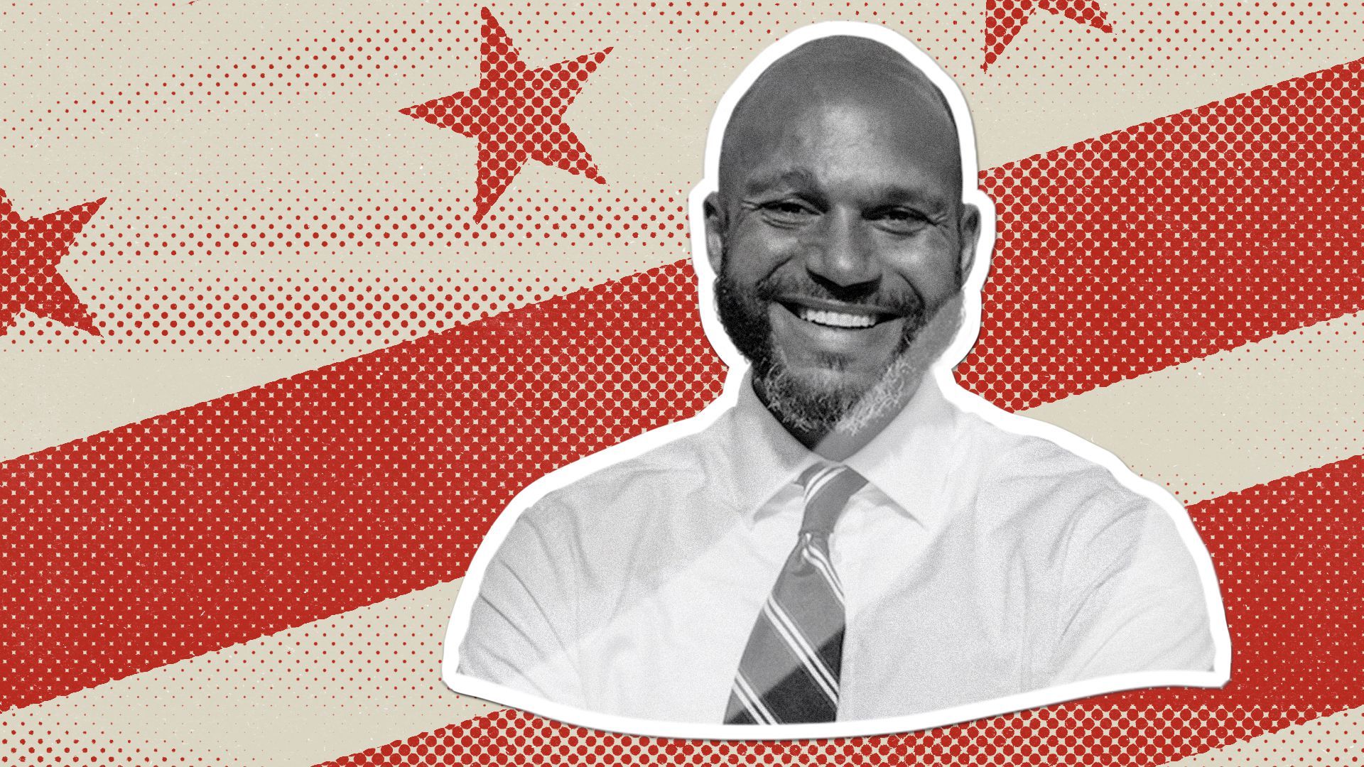Photo illustration of Robert White as a sticker with the D.C. flag.