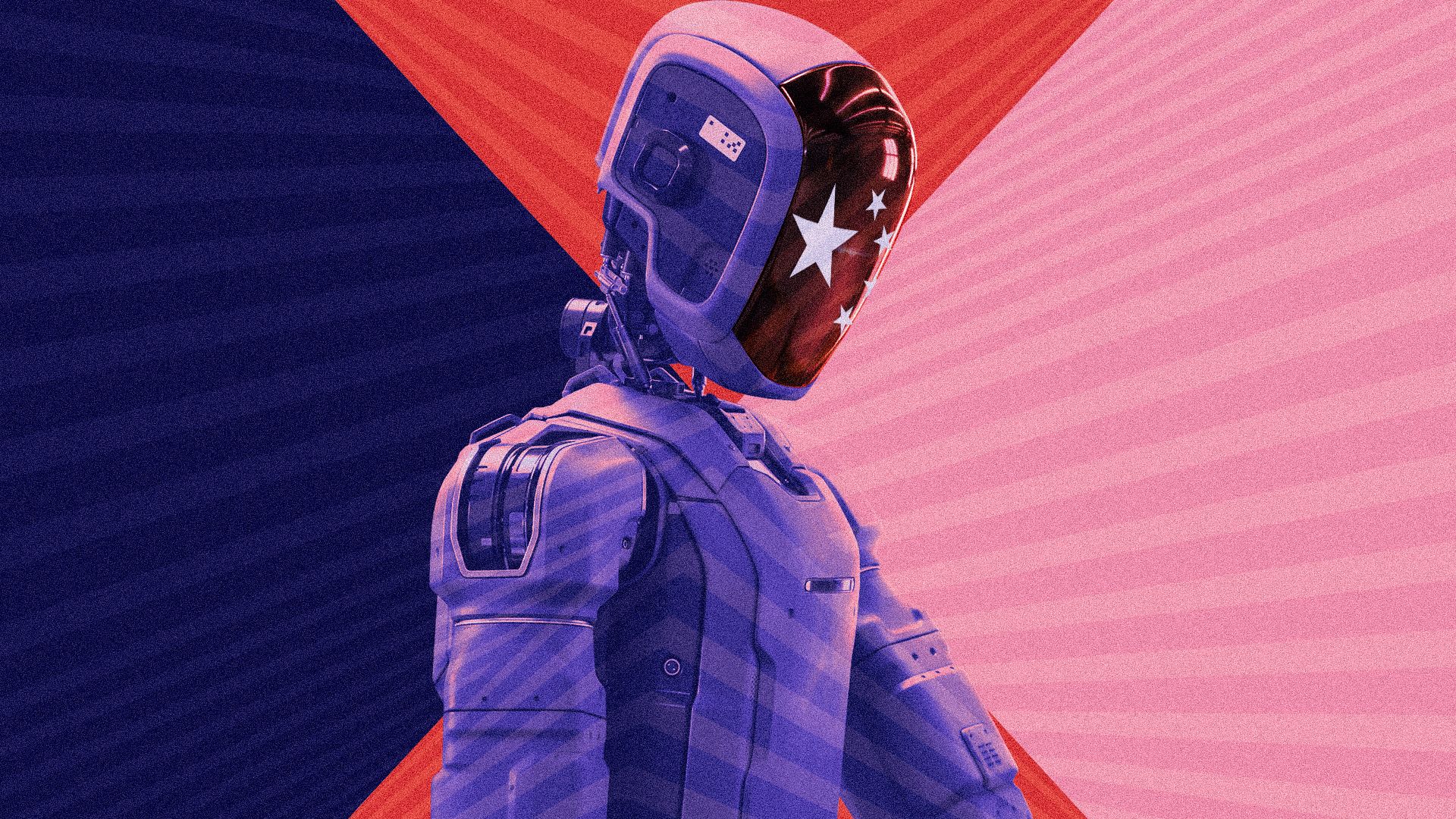 Illustrated collage of a robot with a Chinese flag face over a background of various stripes and colors